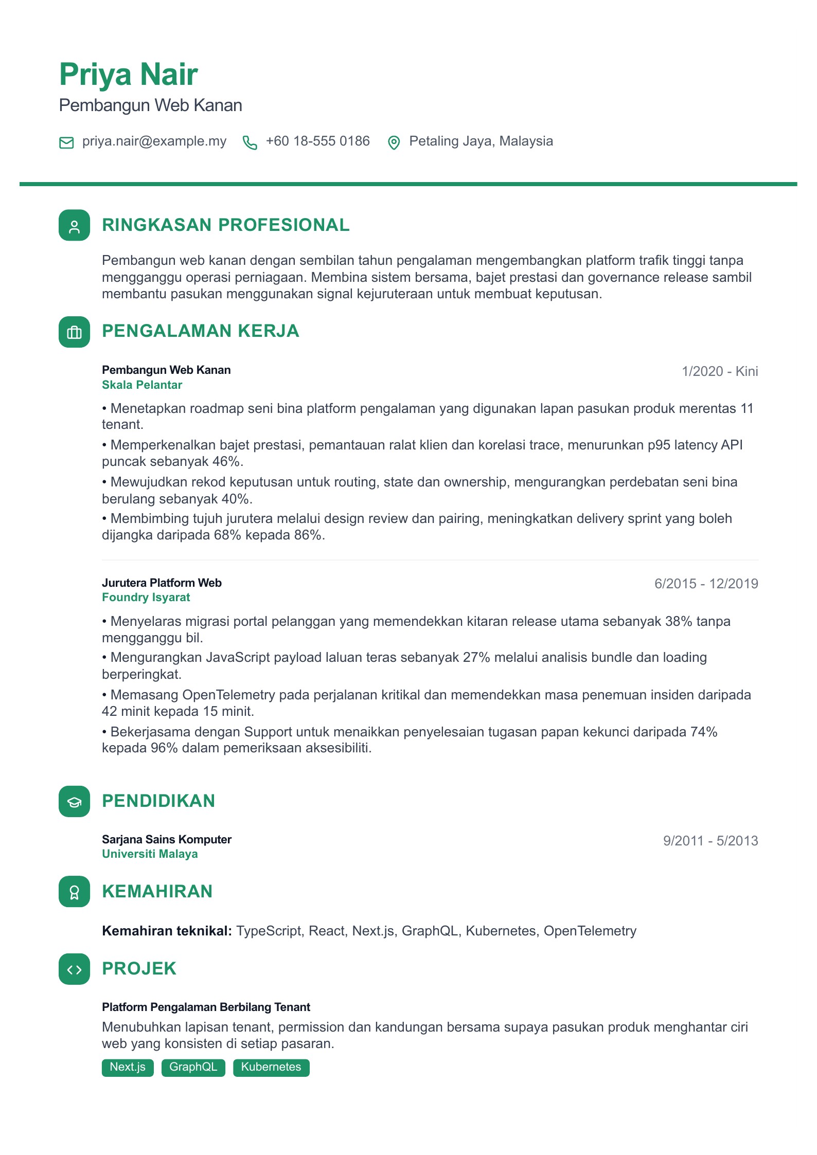 Resume Pembangun Web Kanan - contoh Bahasa Melayu