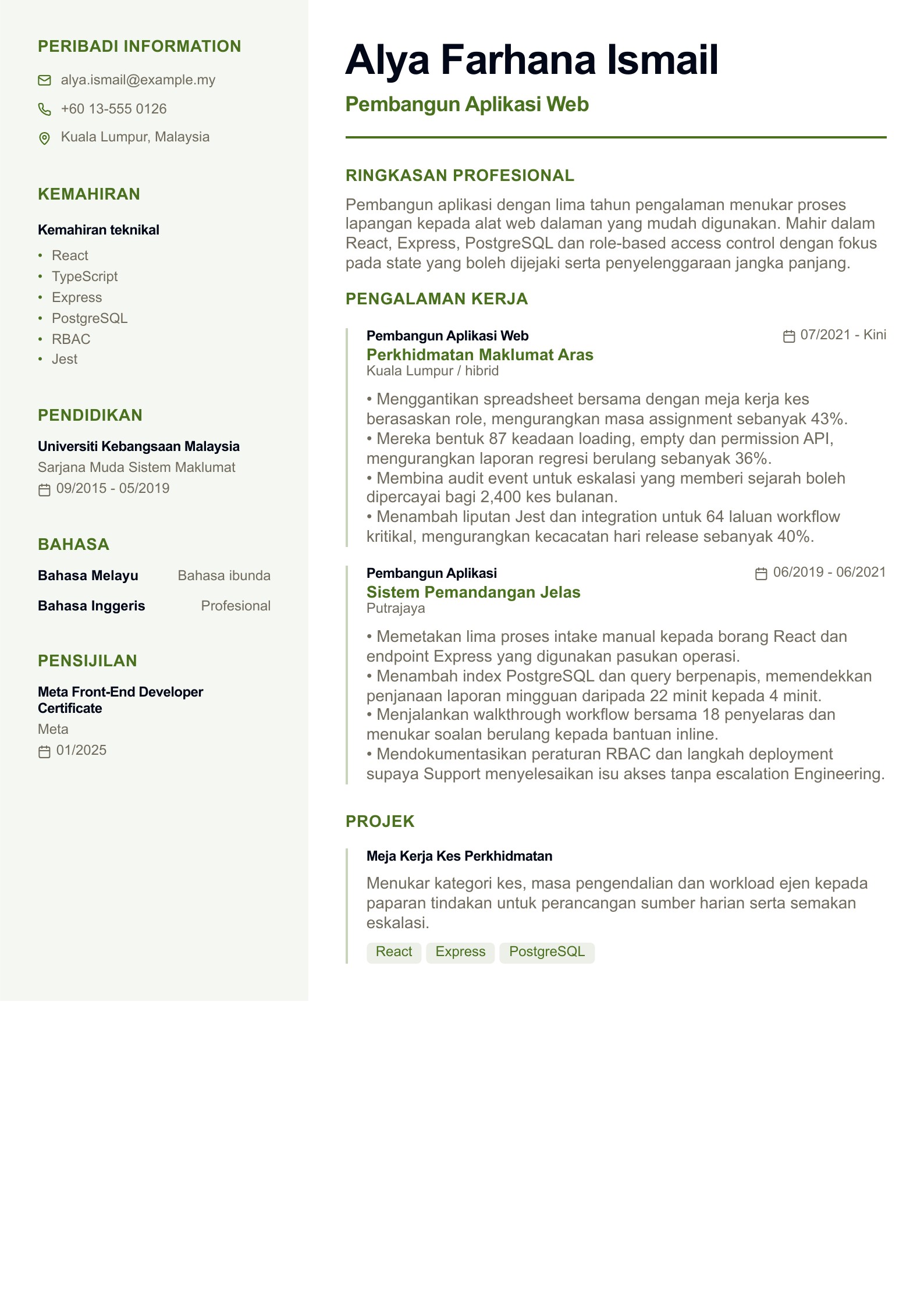 Resume Pembangun Aplikasi Web - contoh Bahasa Melayu