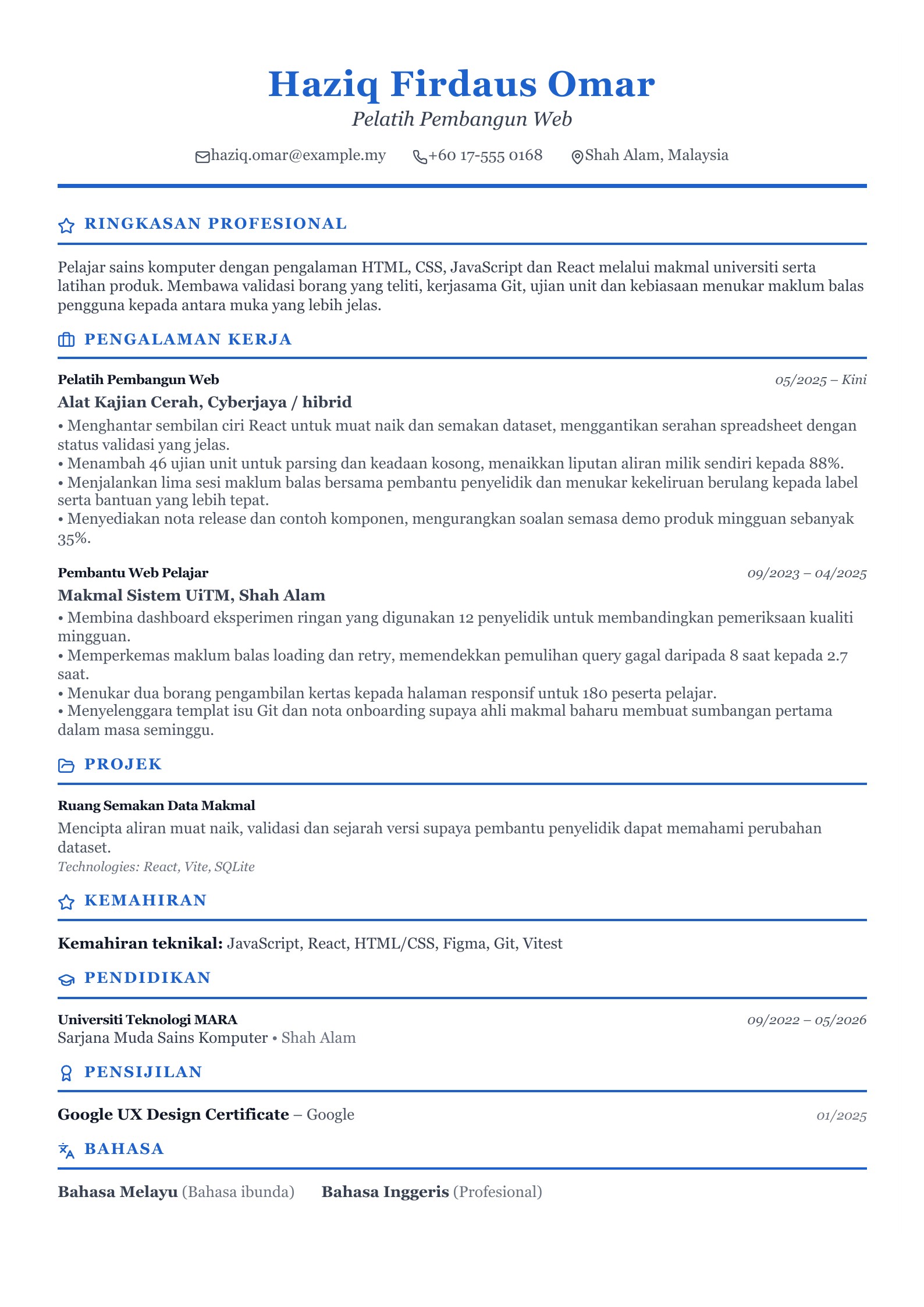 Resume Pelatih Pembangun Web - contoh Bahasa Melayu