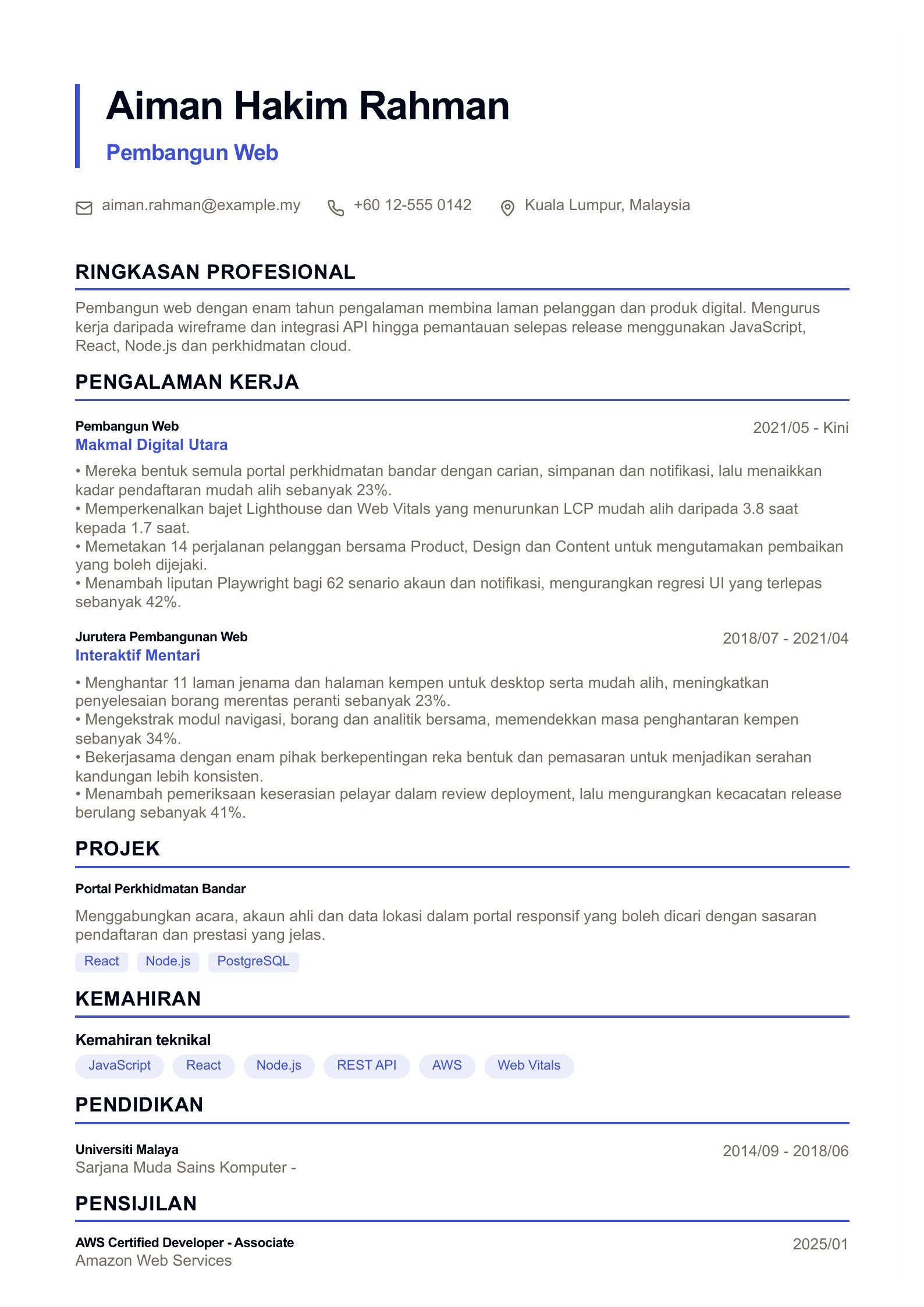 Resume Pembangun Web - contoh Bahasa Melayu