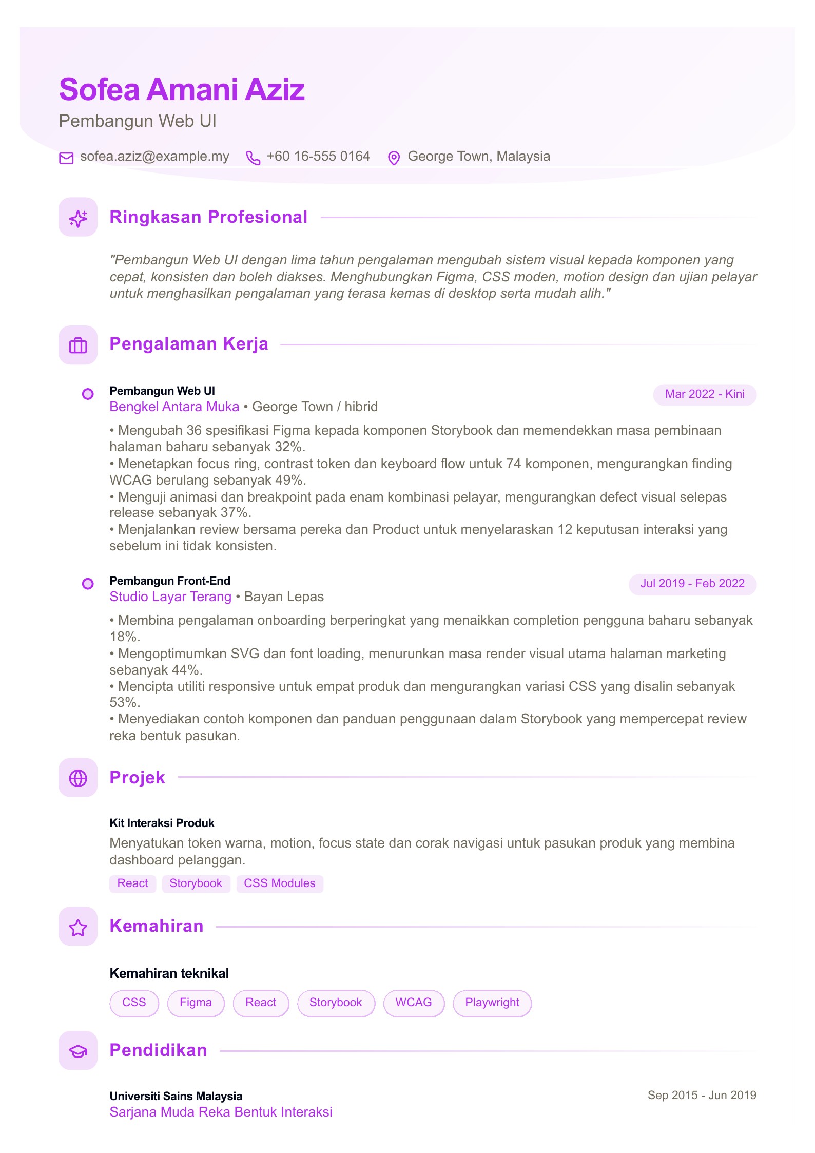 Resume Pembangun Web UI - contoh Bahasa Melayu