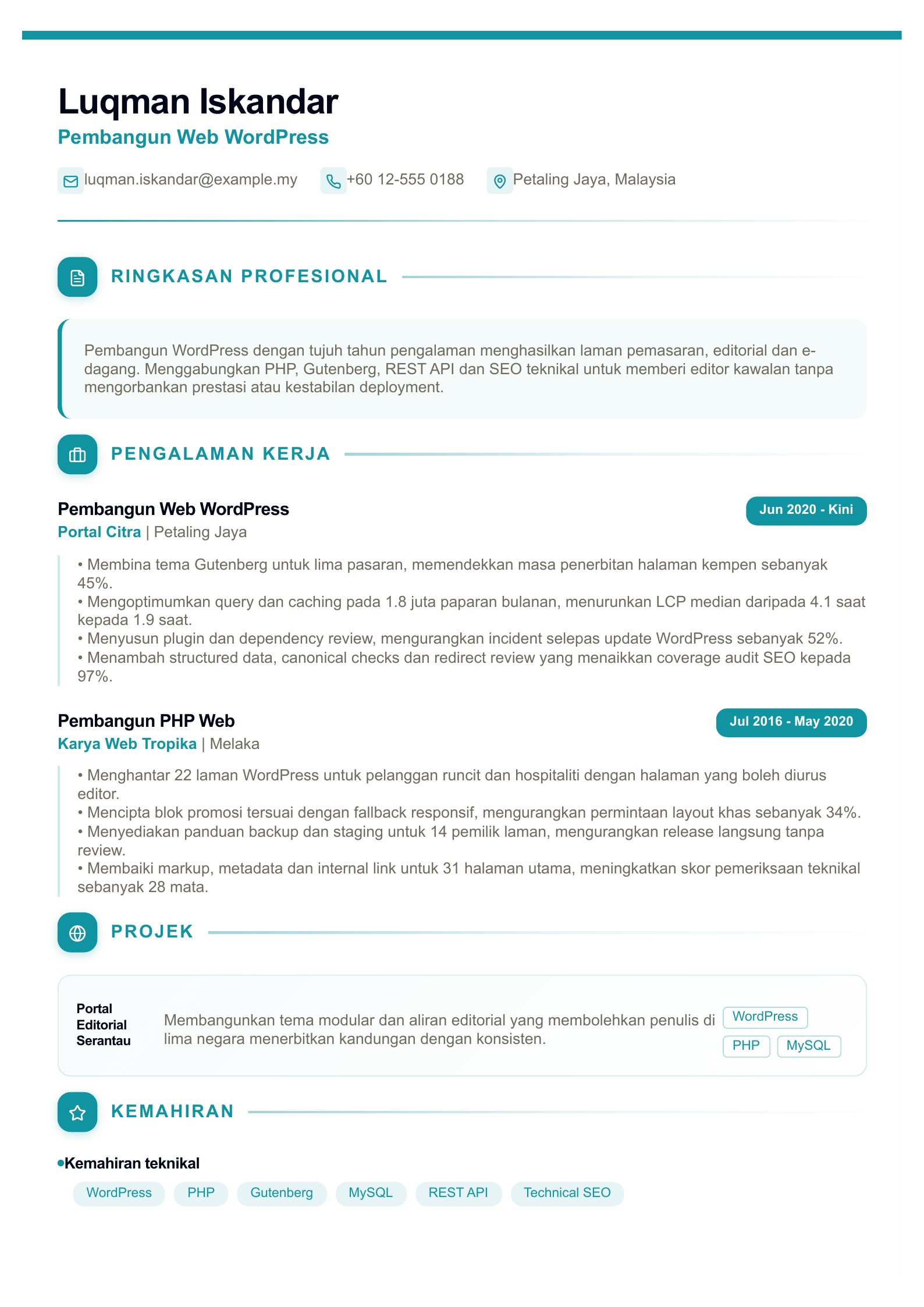 Resume Pembangun Web WordPress - contoh Bahasa Melayu