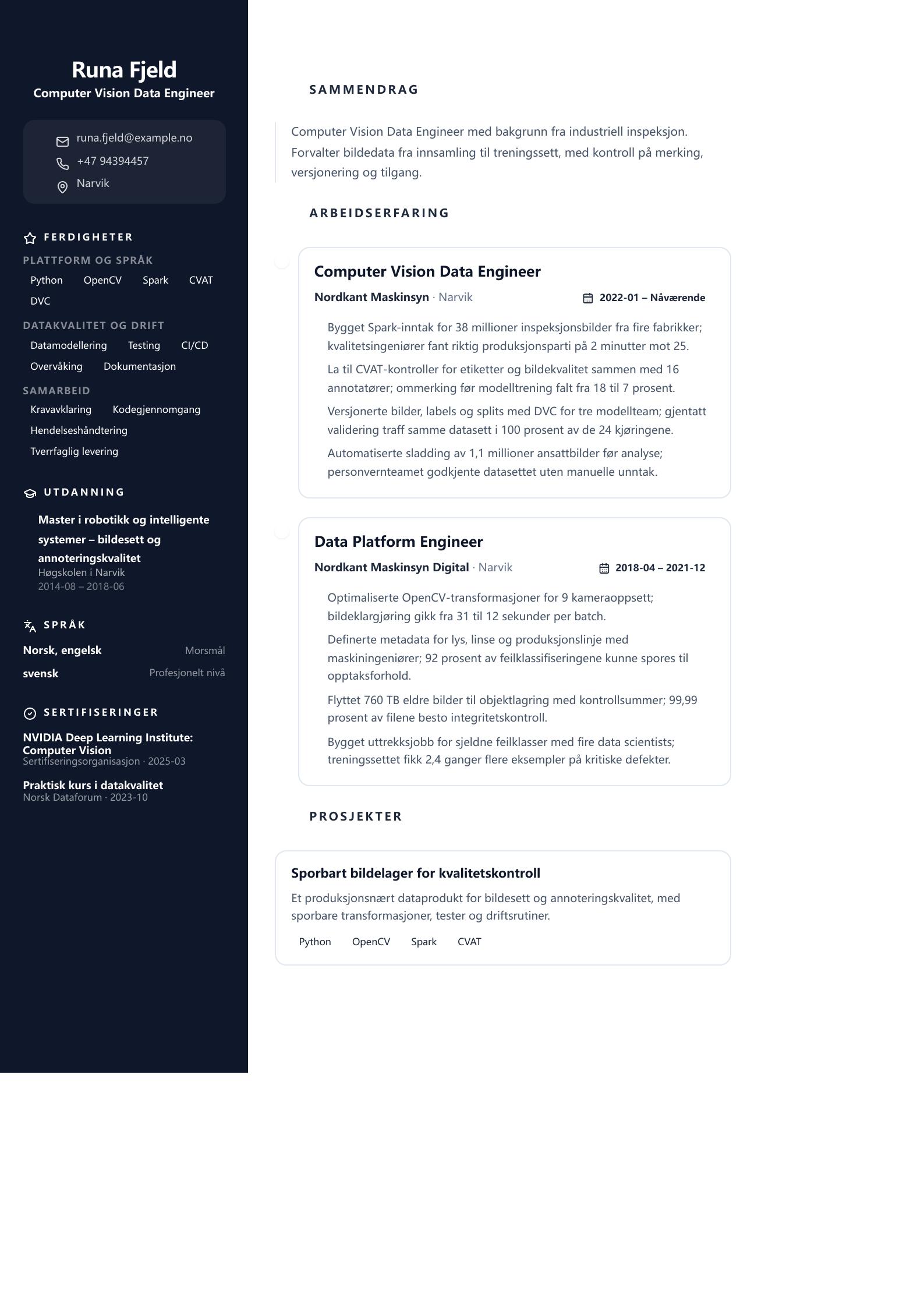 Computer Vision Data Engineer CV-eksempel CV-forhåndsvisning