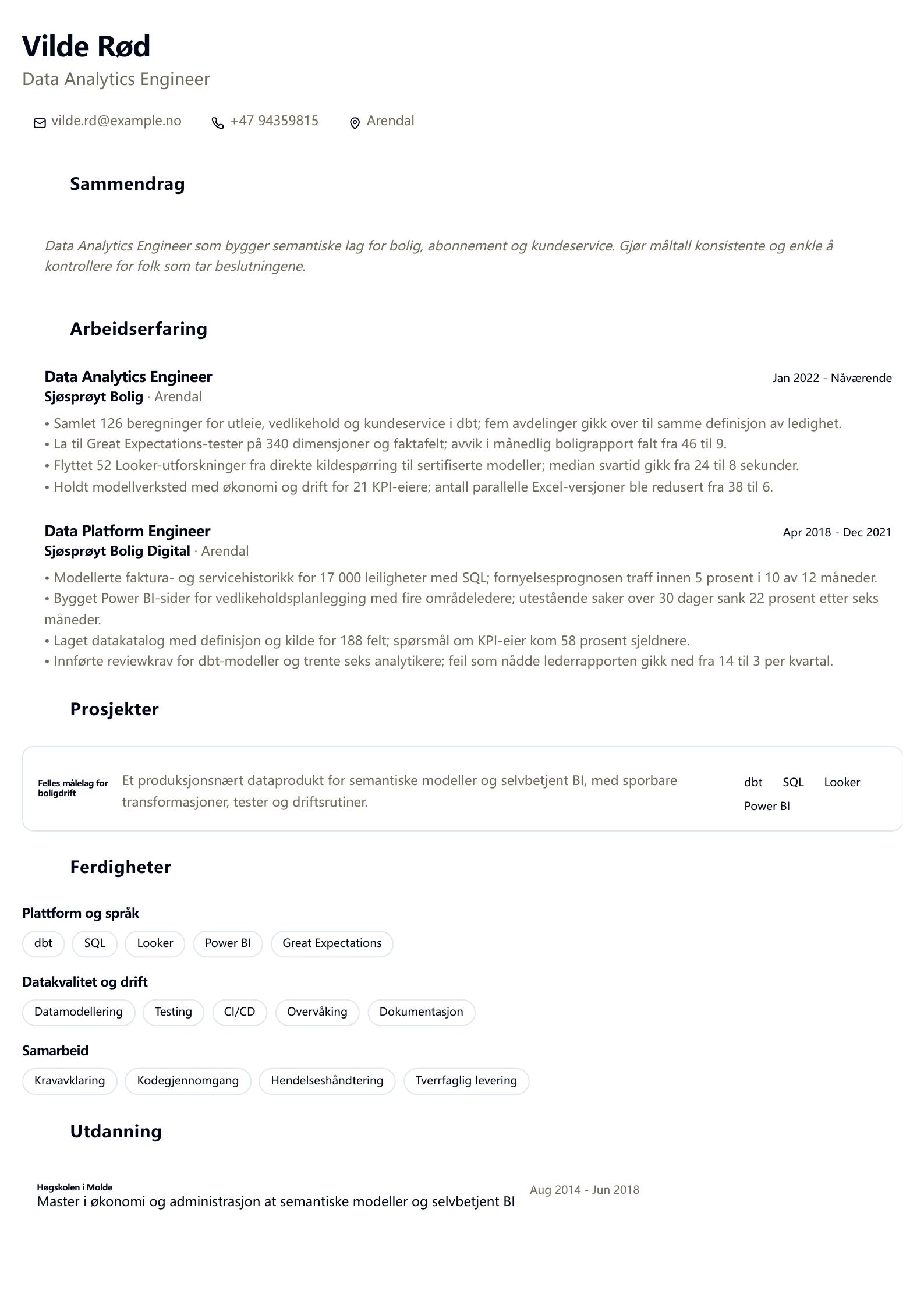 Data Analytics Engineer CV-eksempel CV-forhåndsvisning