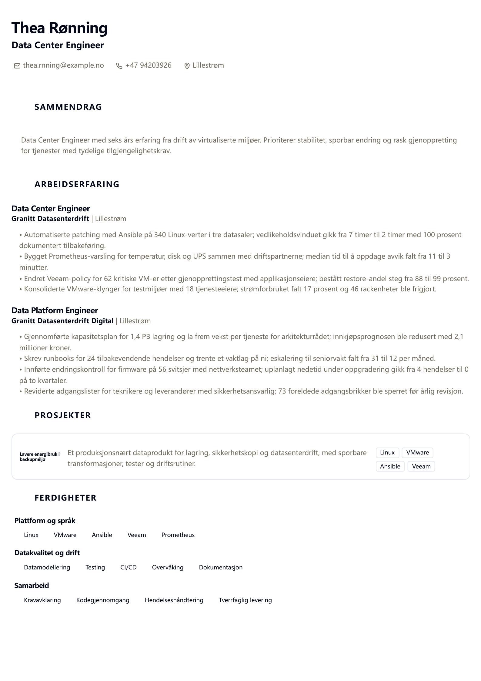 Data Center Engineer CV-eksempel CV-forhåndsvisning
