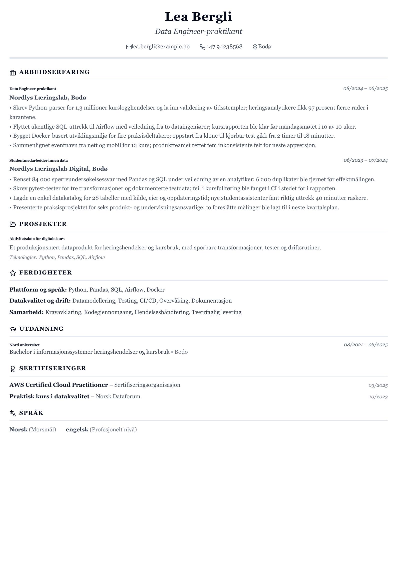Data Engineer-praksis CV-eksempel CV-forhåndsvisning