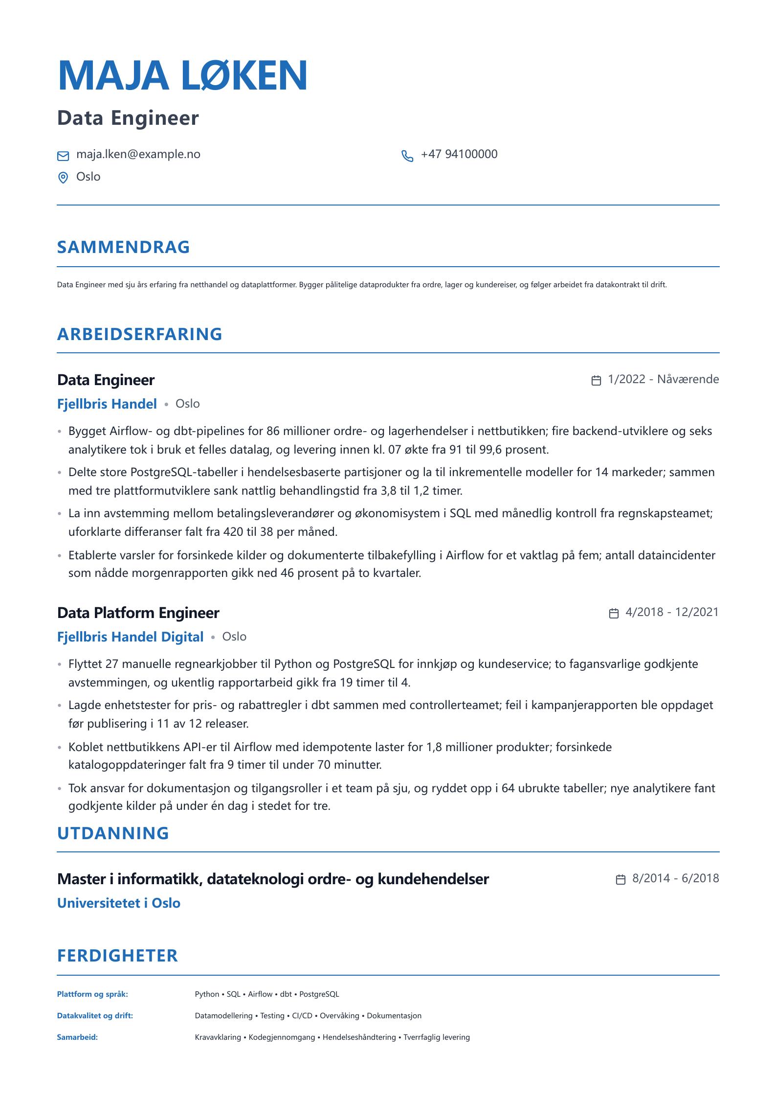 Data Engineer CV-eksempel CV-forhåndsvisning