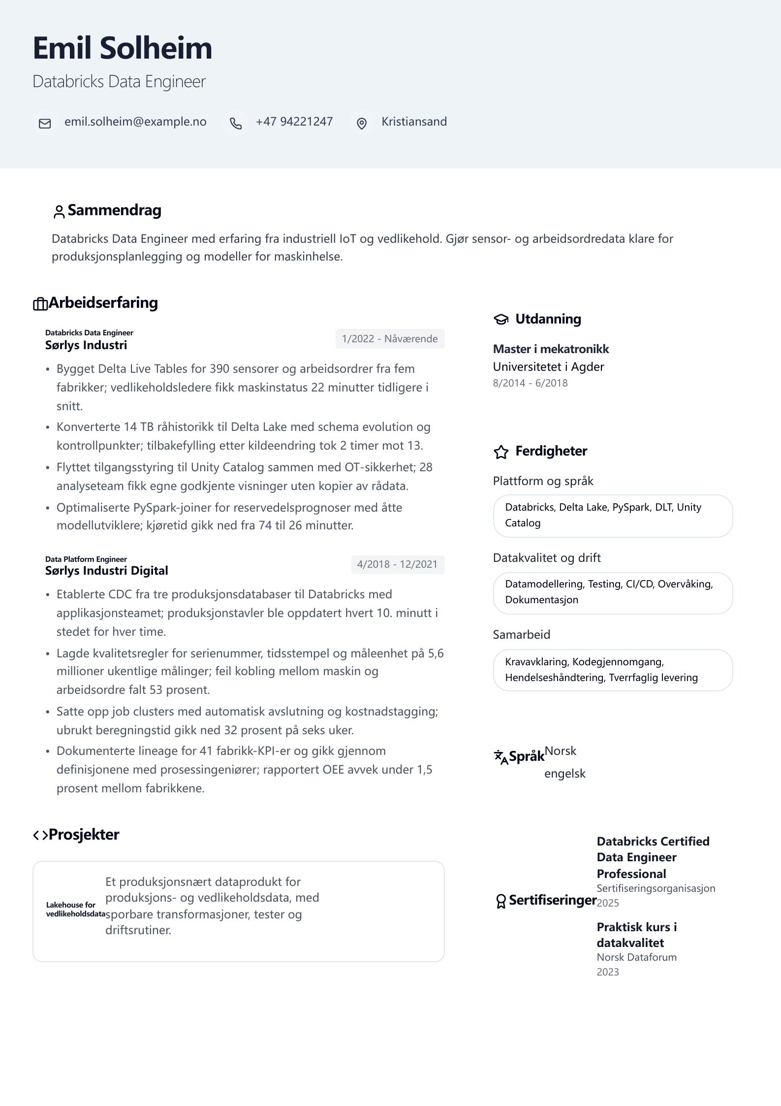 Databricks Data Engineer CV-eksempel CV-forhåndsvisning