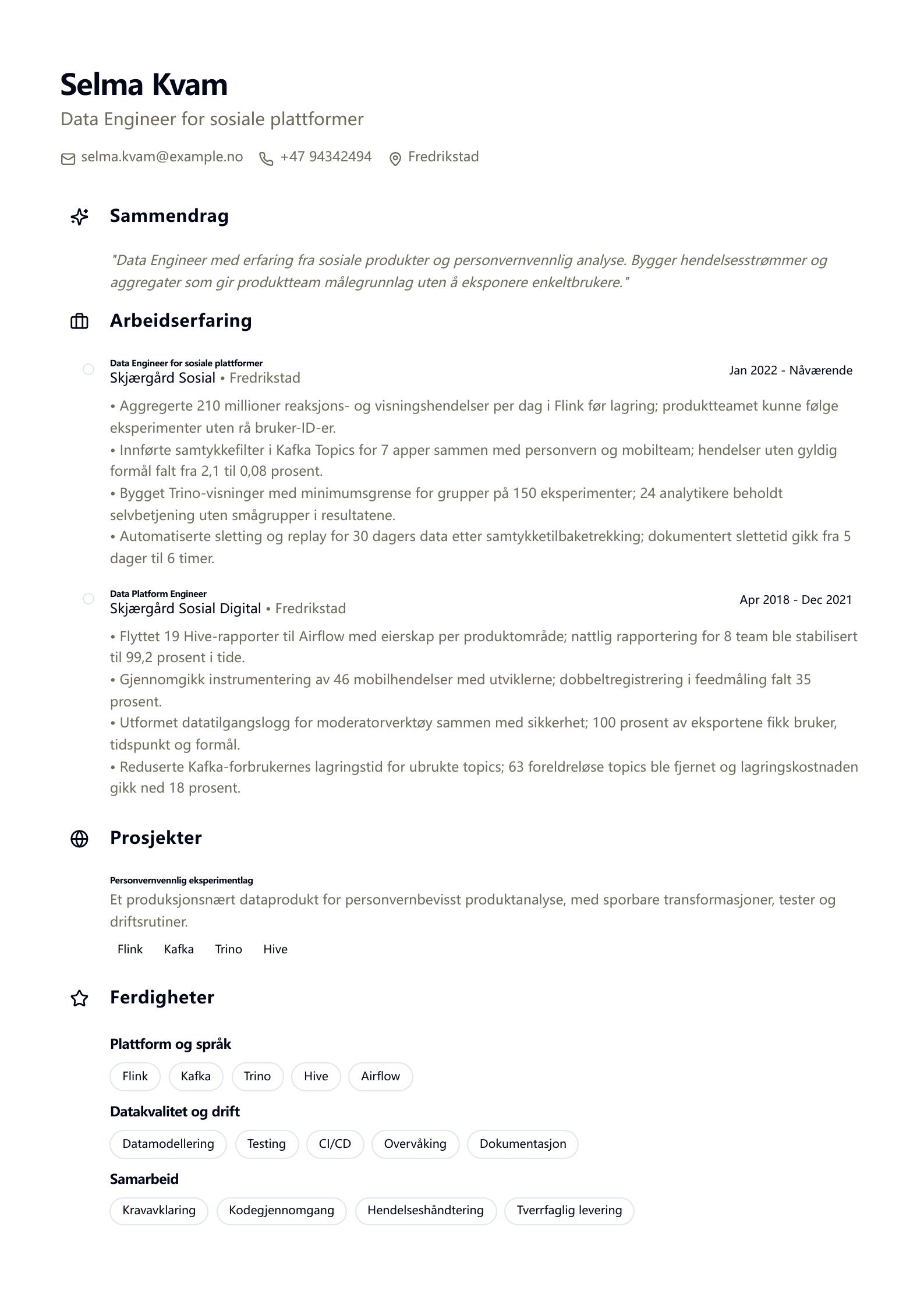 Data Engineer for sosiale plattformer CV-eksempel CV-forhåndsvisning