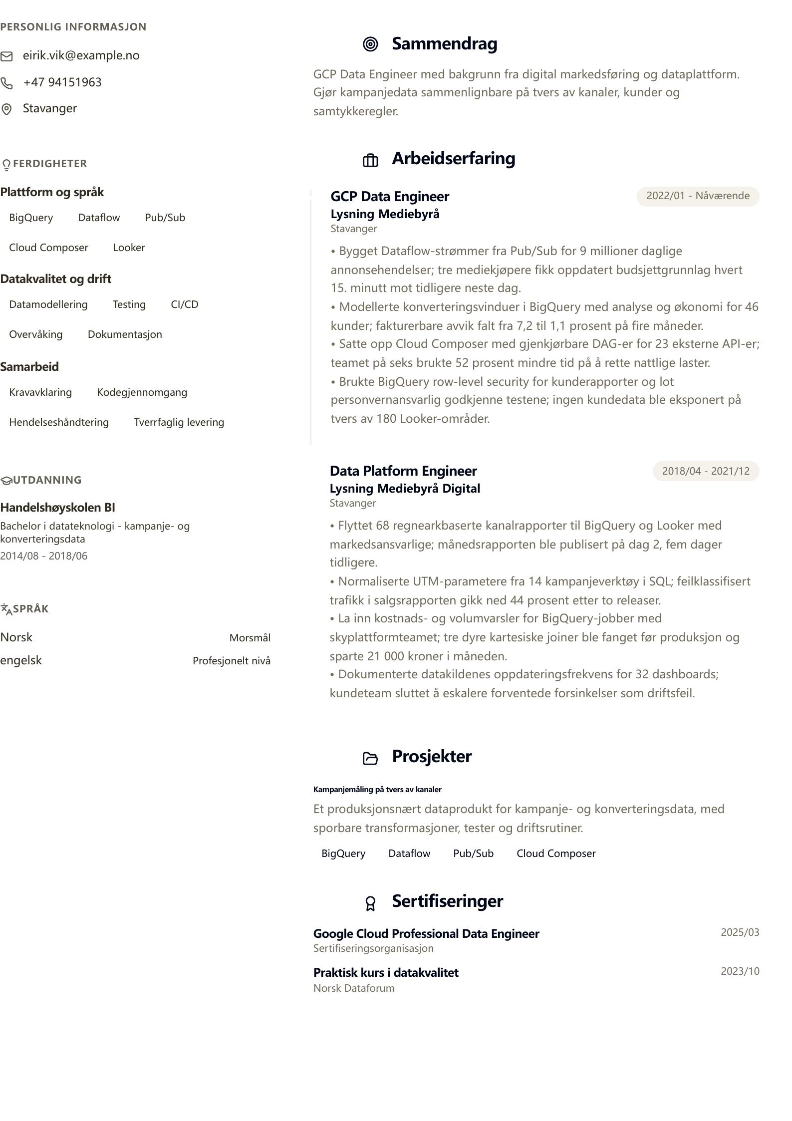 GCP Data Engineer CV-eksempel CV-forhåndsvisning