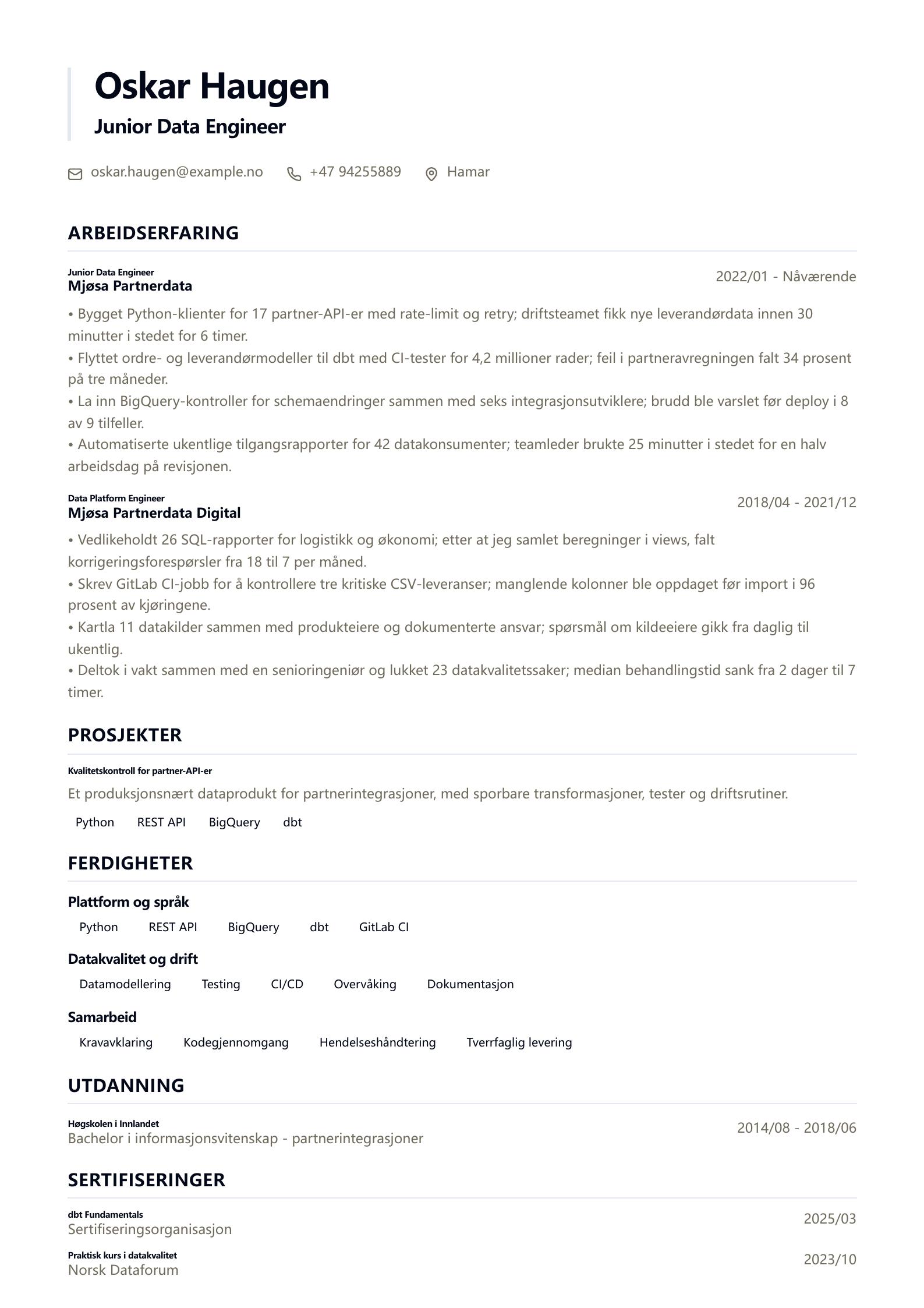 Junior Data Engineer CV-eksempel CV-forhåndsvisning