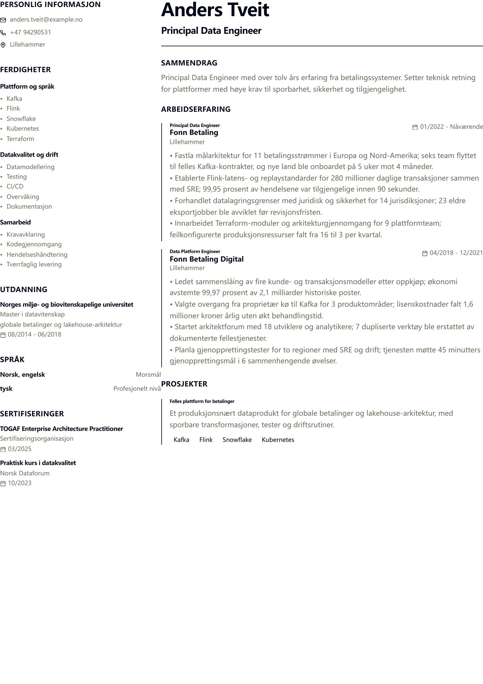 Principal Data Engineer CV-eksempel CV-forhåndsvisning