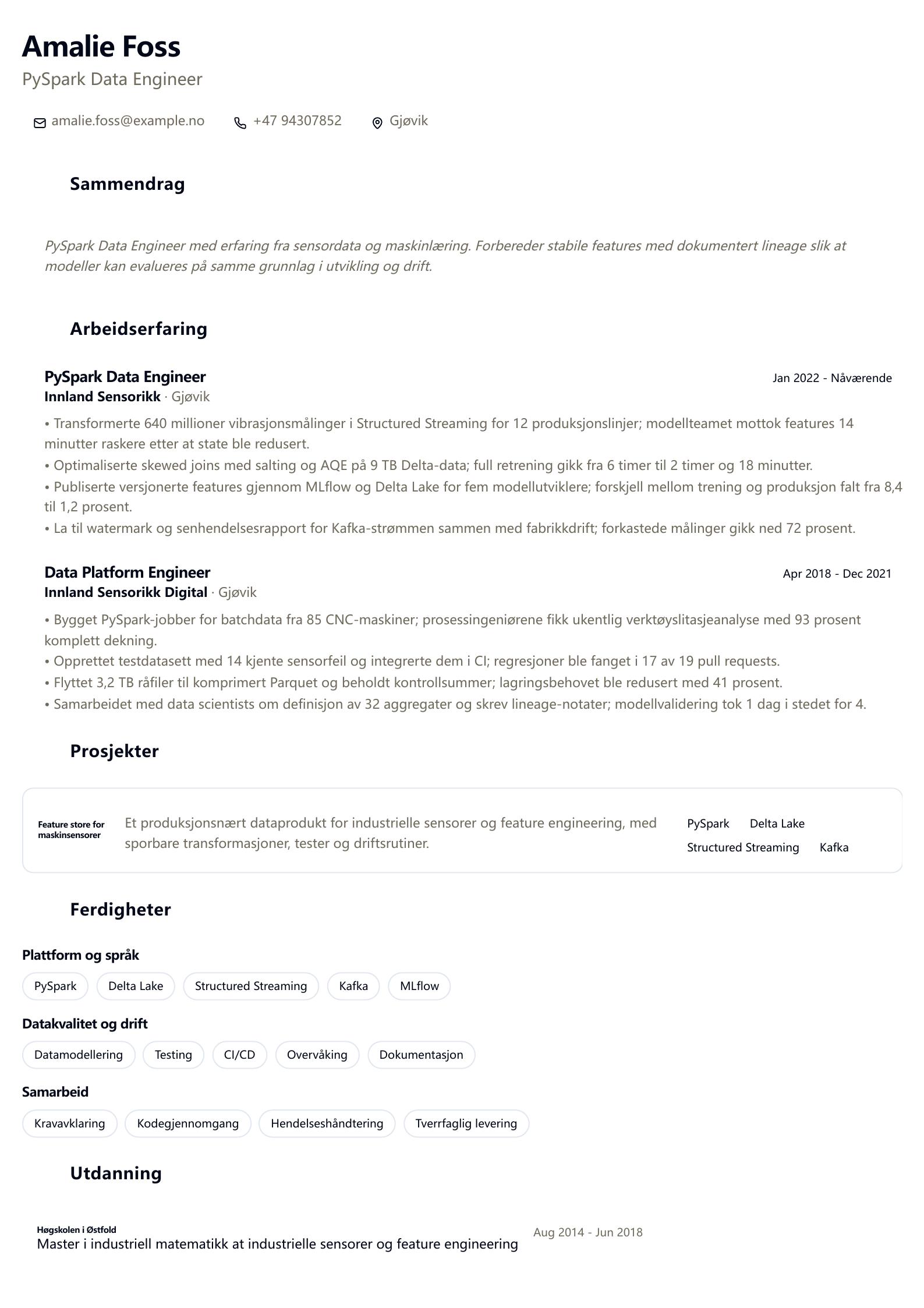 PySpark Data Engineer CV-eksempel CV-forhåndsvisning