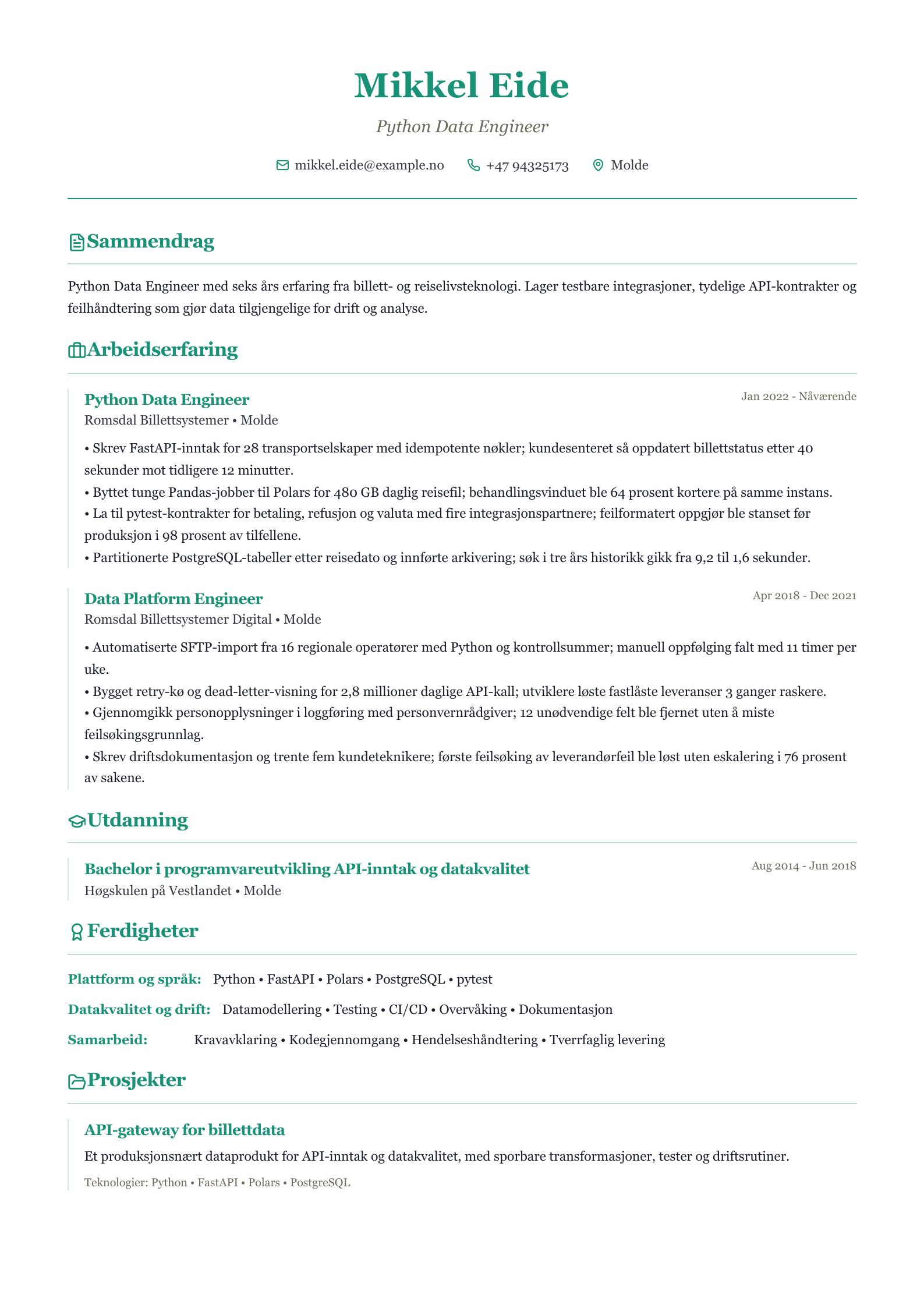 Python Data Engineer CV-eksempel CV-forhåndsvisning