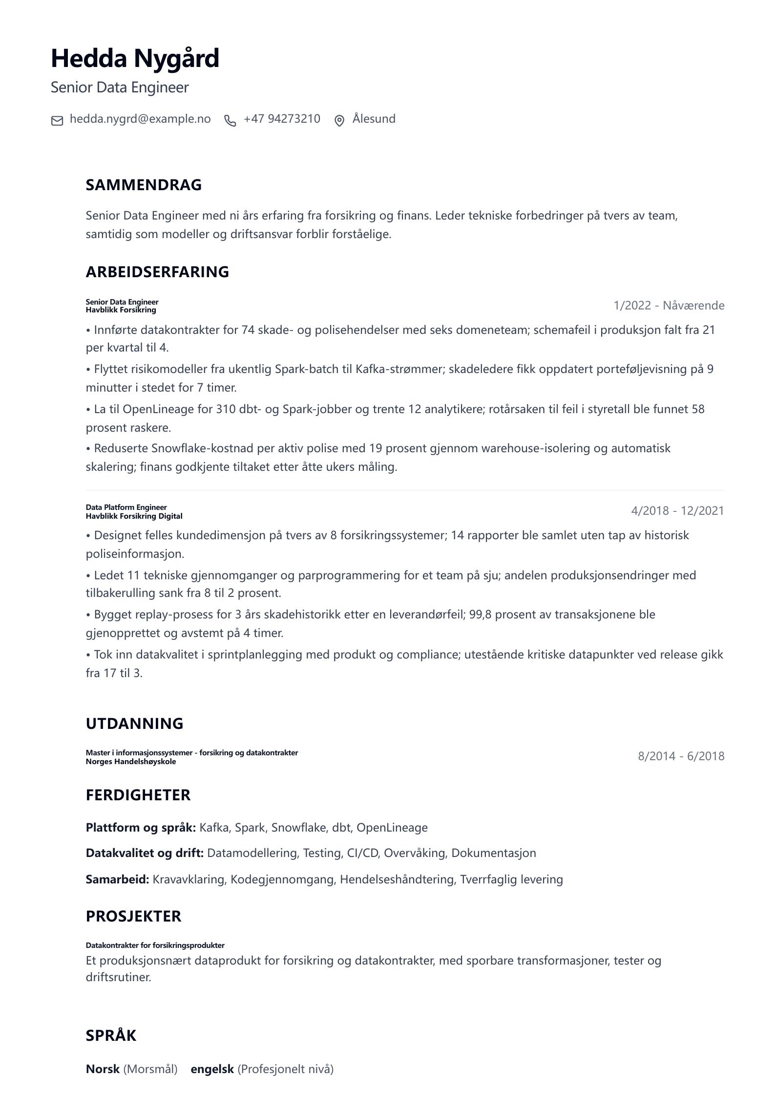 Senior Data Engineer CV-eksempel CV-forhåndsvisning