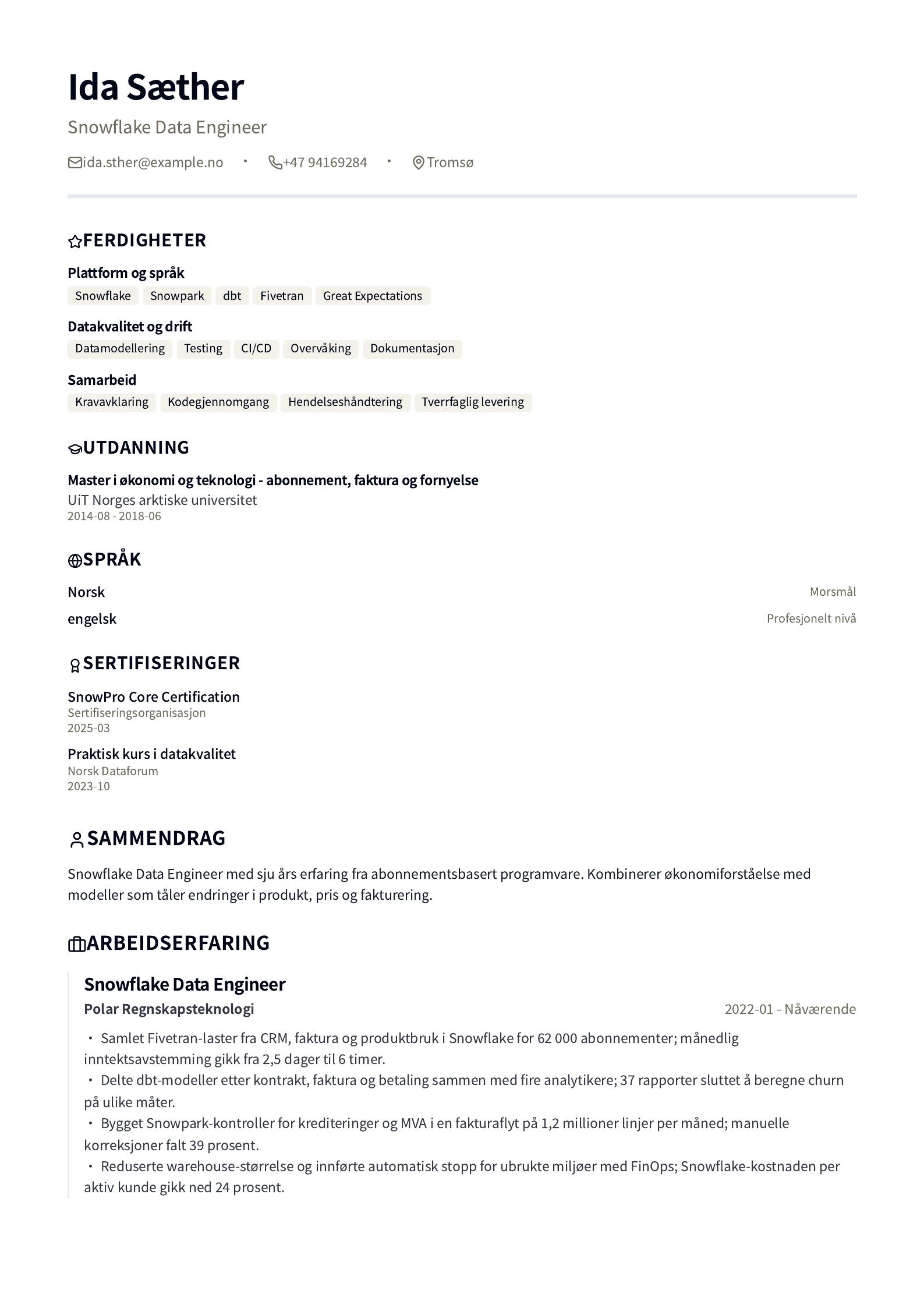 Snowflake Data Engineer CV-eksempel CV-forhåndsvisning