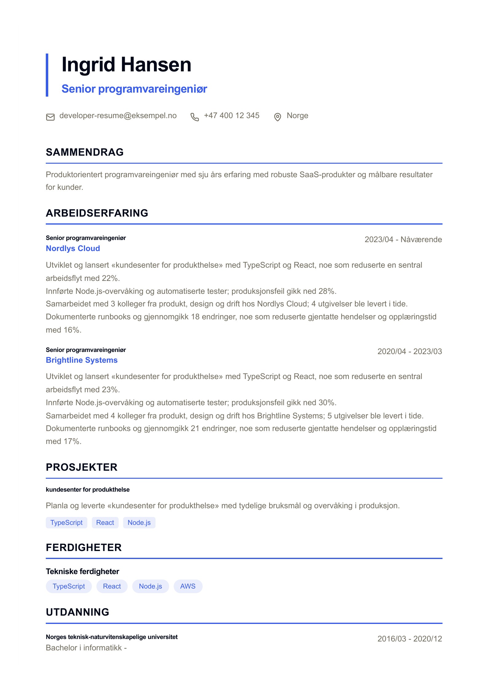 Forhåndsvisning av CV-er for programvareingeniører med PDF og nettredigering