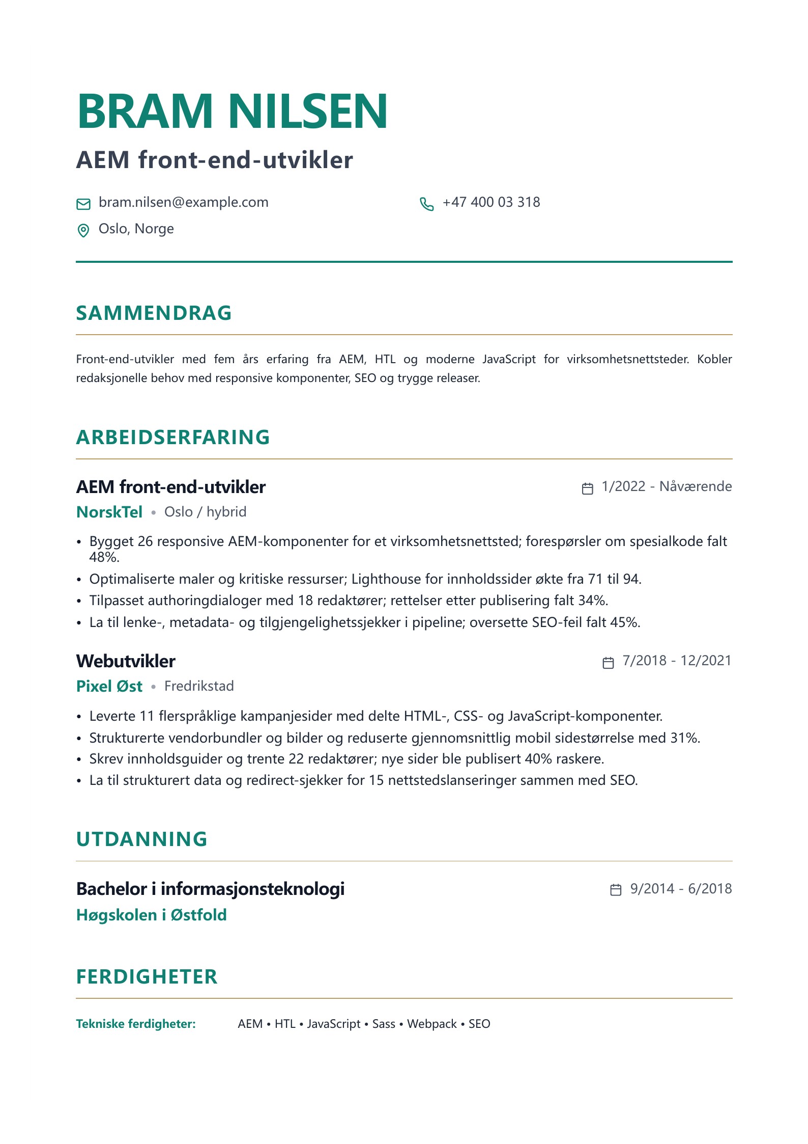 Forhåndsvisning av Norske CV-eksempler for front-end-utviklere med gratis PDF-nedlasting