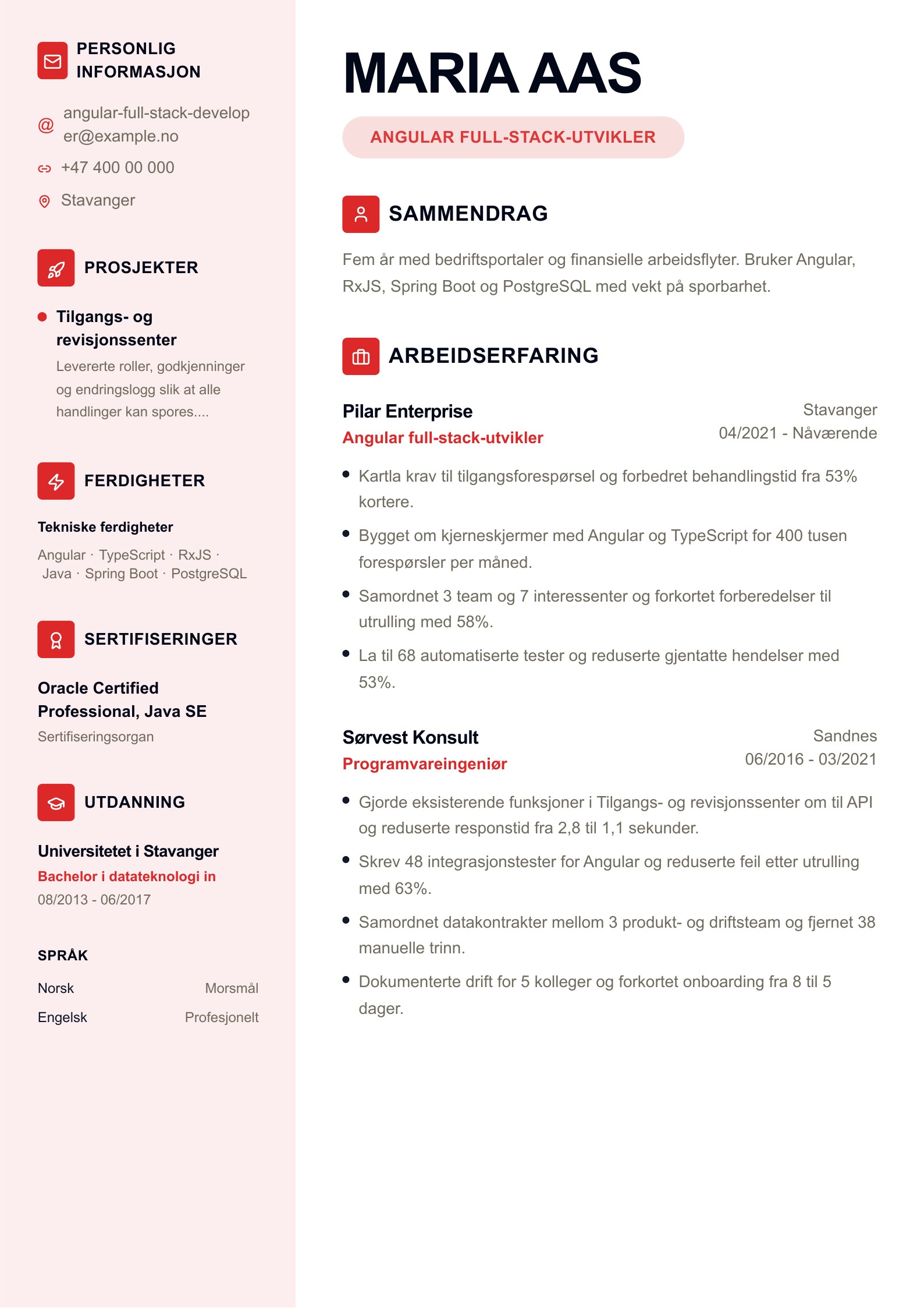Forhåndsvisning av Norske full-stack-CV-eksempler Last ned PDF og rediger på nett