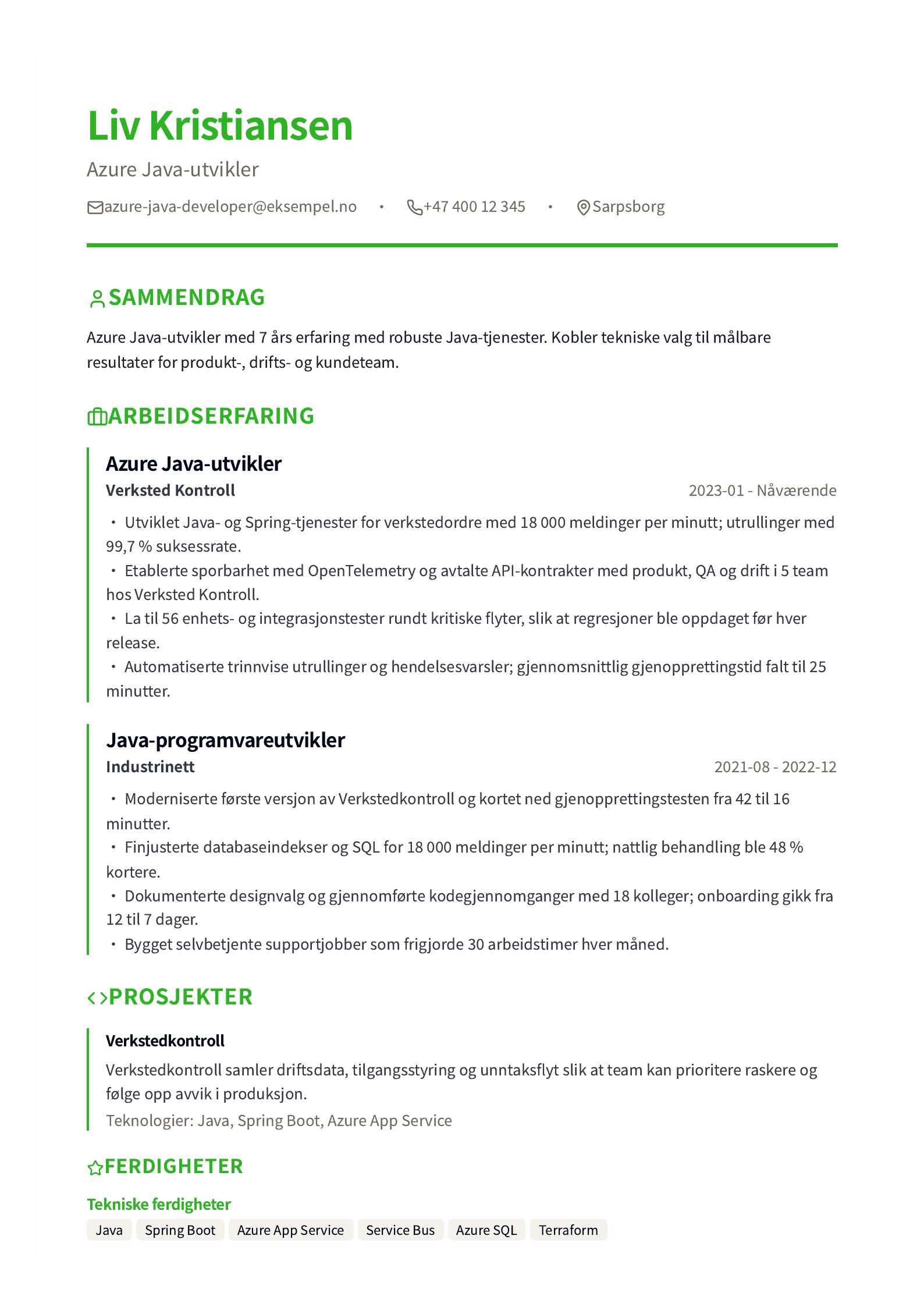 Azure Java-utvikler CV-eksempel forhåndsvisning