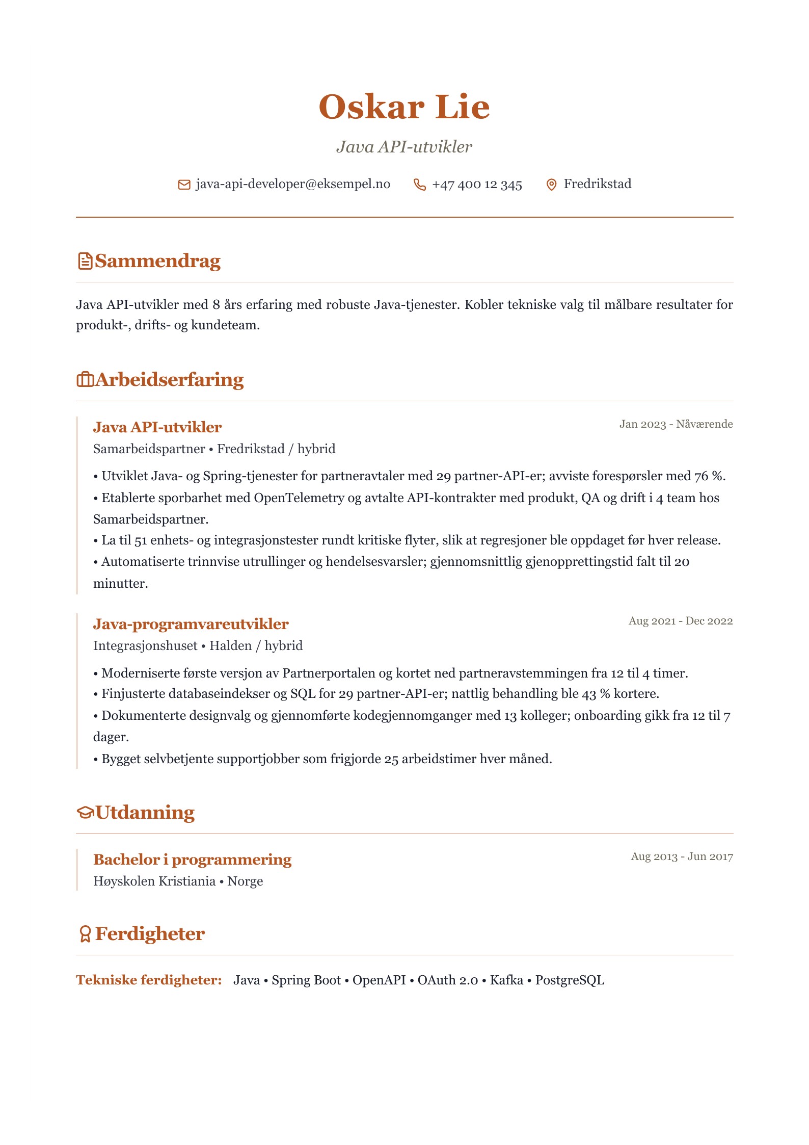 Java API-utvikler CV-eksempel forhåndsvisning