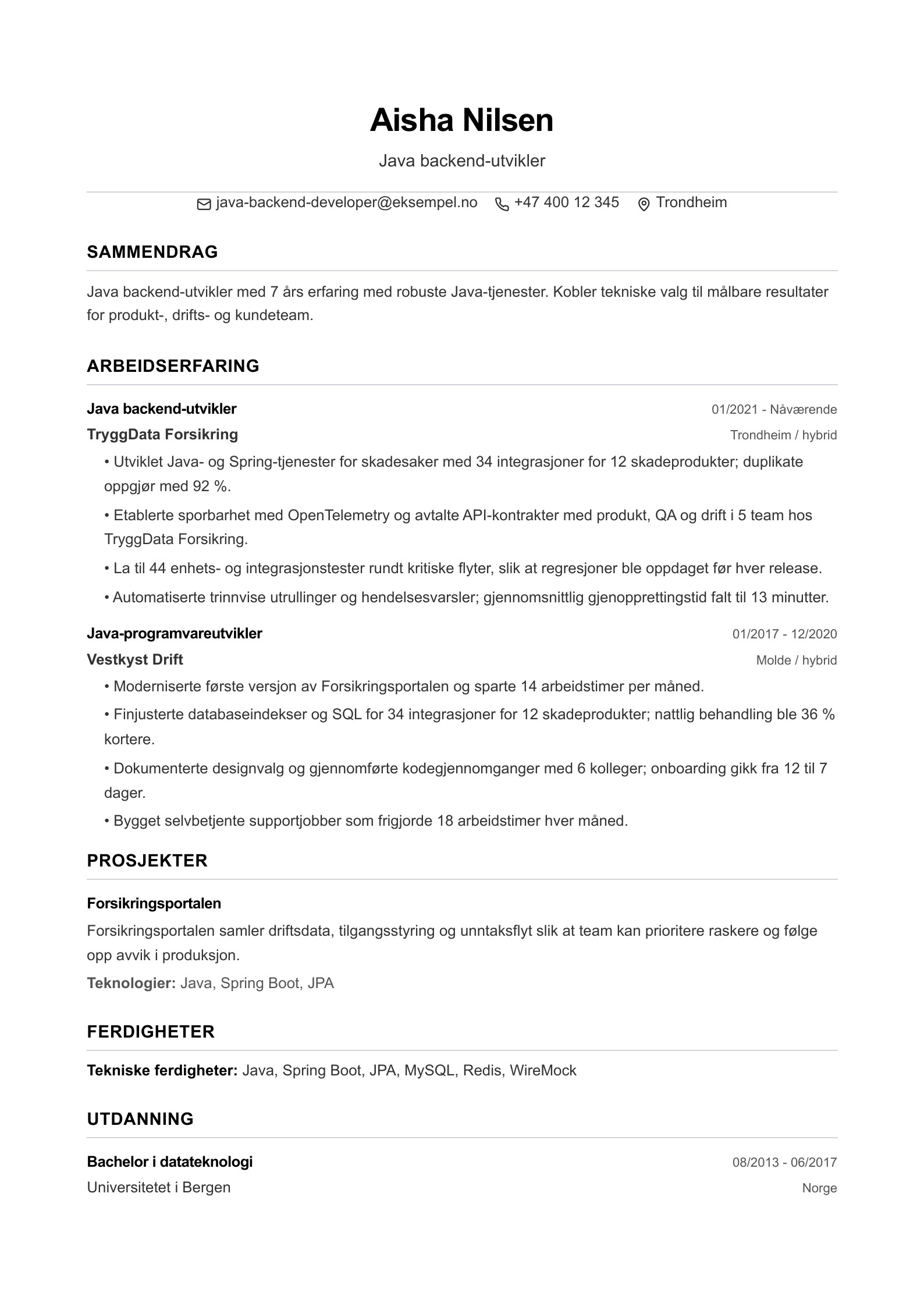 Java backend-utvikler CV-eksempel forhåndsvisning