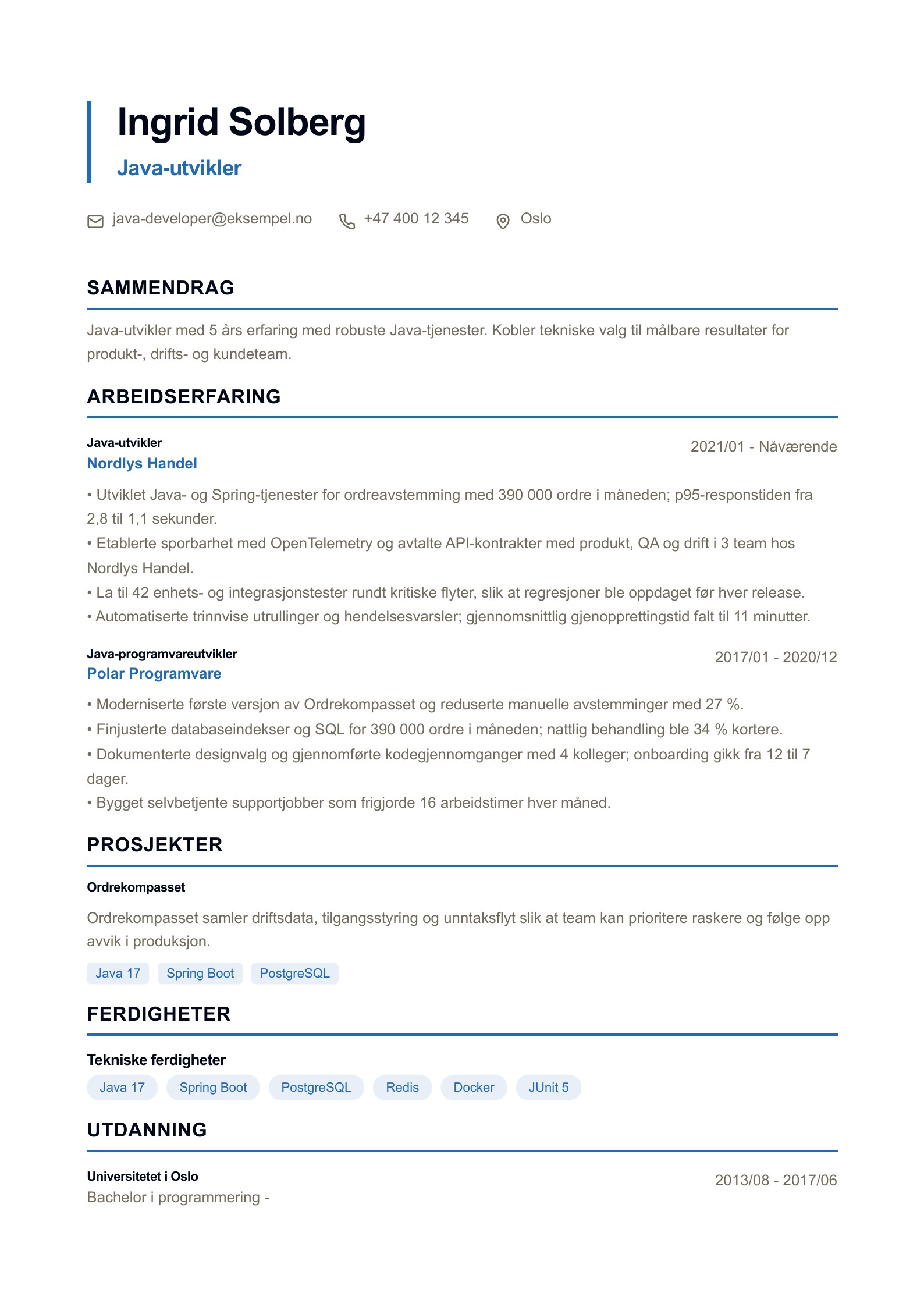 Java-utvikler CV-eksempel forhåndsvisning