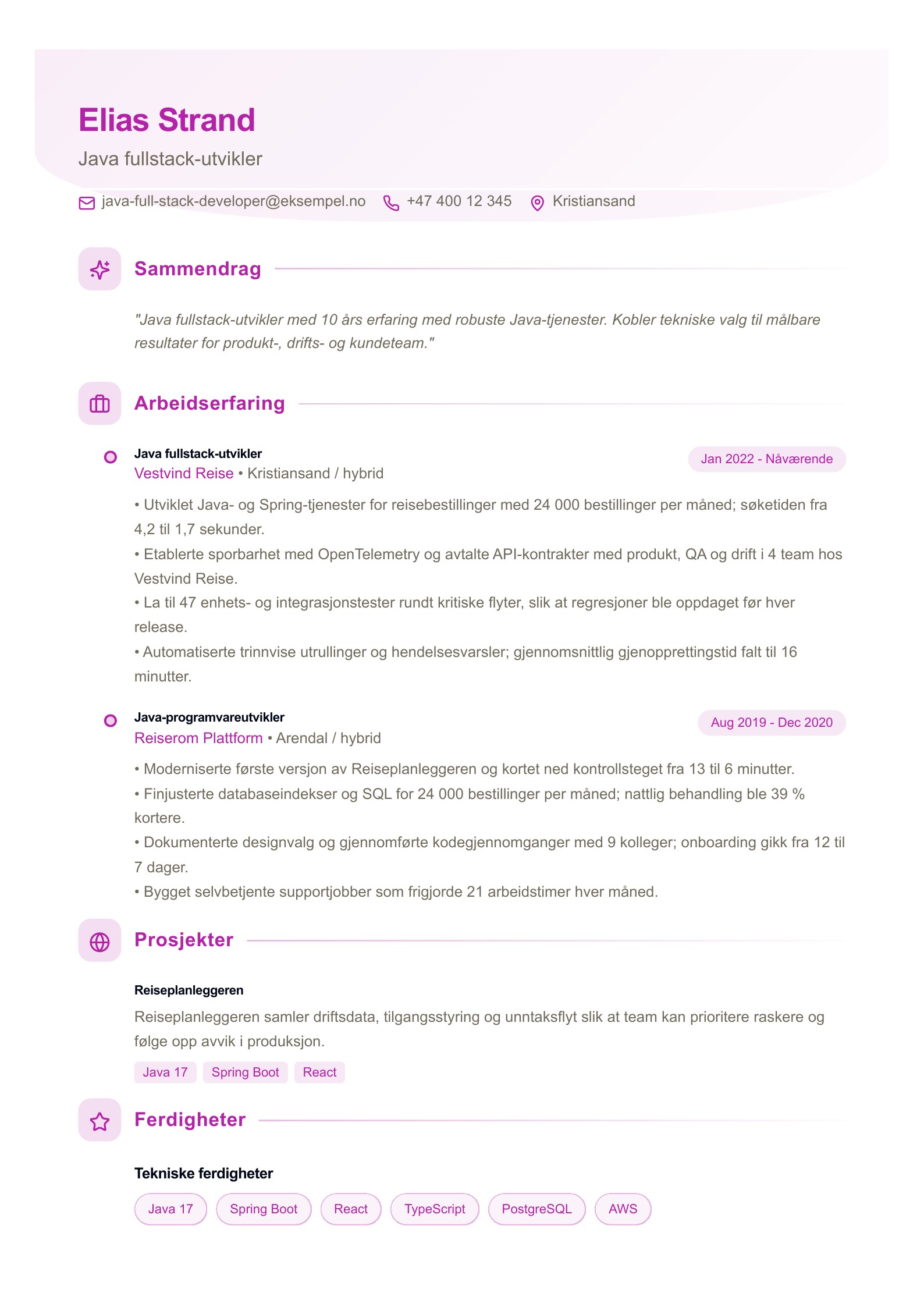 Java fullstack-utvikler CV-eksempel forhåndsvisning