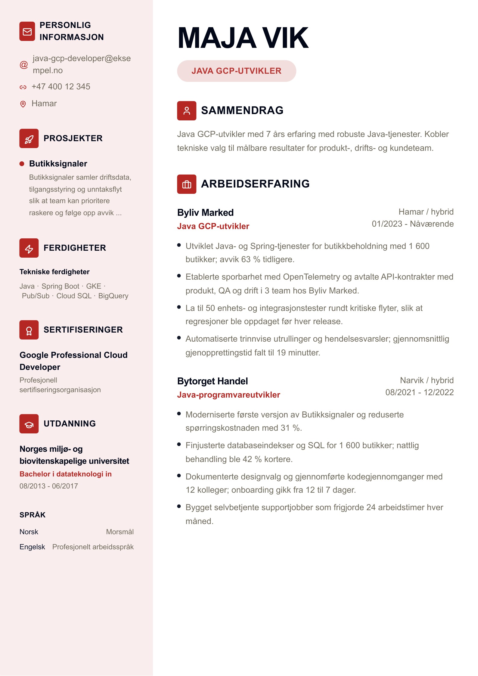 Java GCP-utvikler CV-eksempel forhåndsvisning