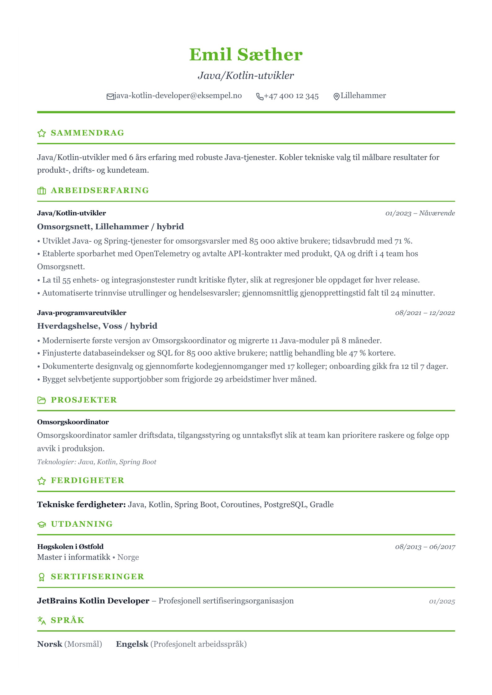 Java/Kotlin-utvikler CV-eksempel forhåndsvisning