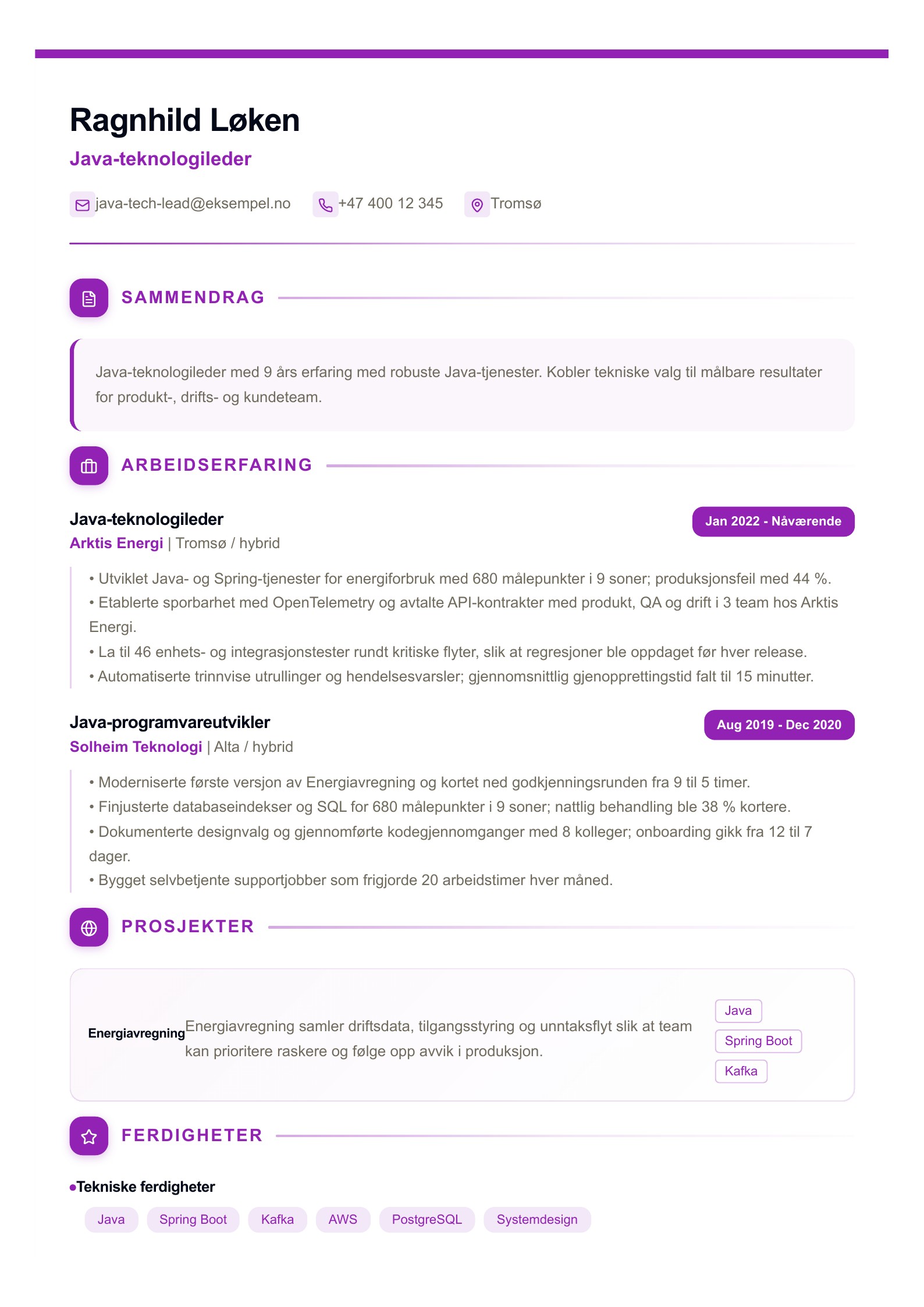 Java-teknologileder CV-eksempel forhåndsvisning