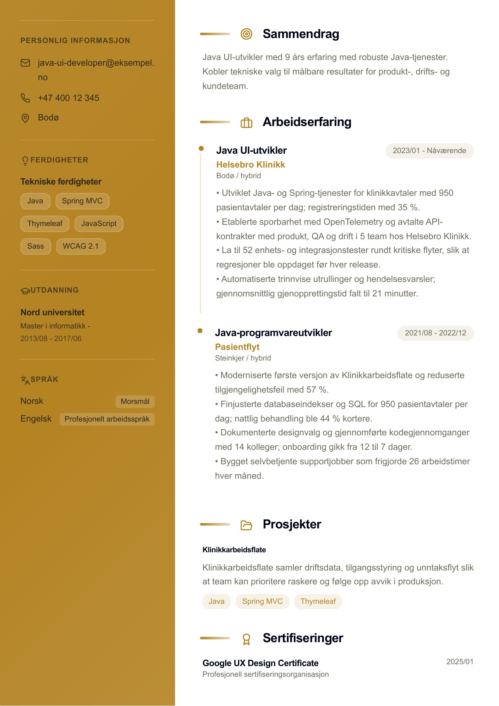 Java UI-utvikler CV-eksempel forhåndsvisning