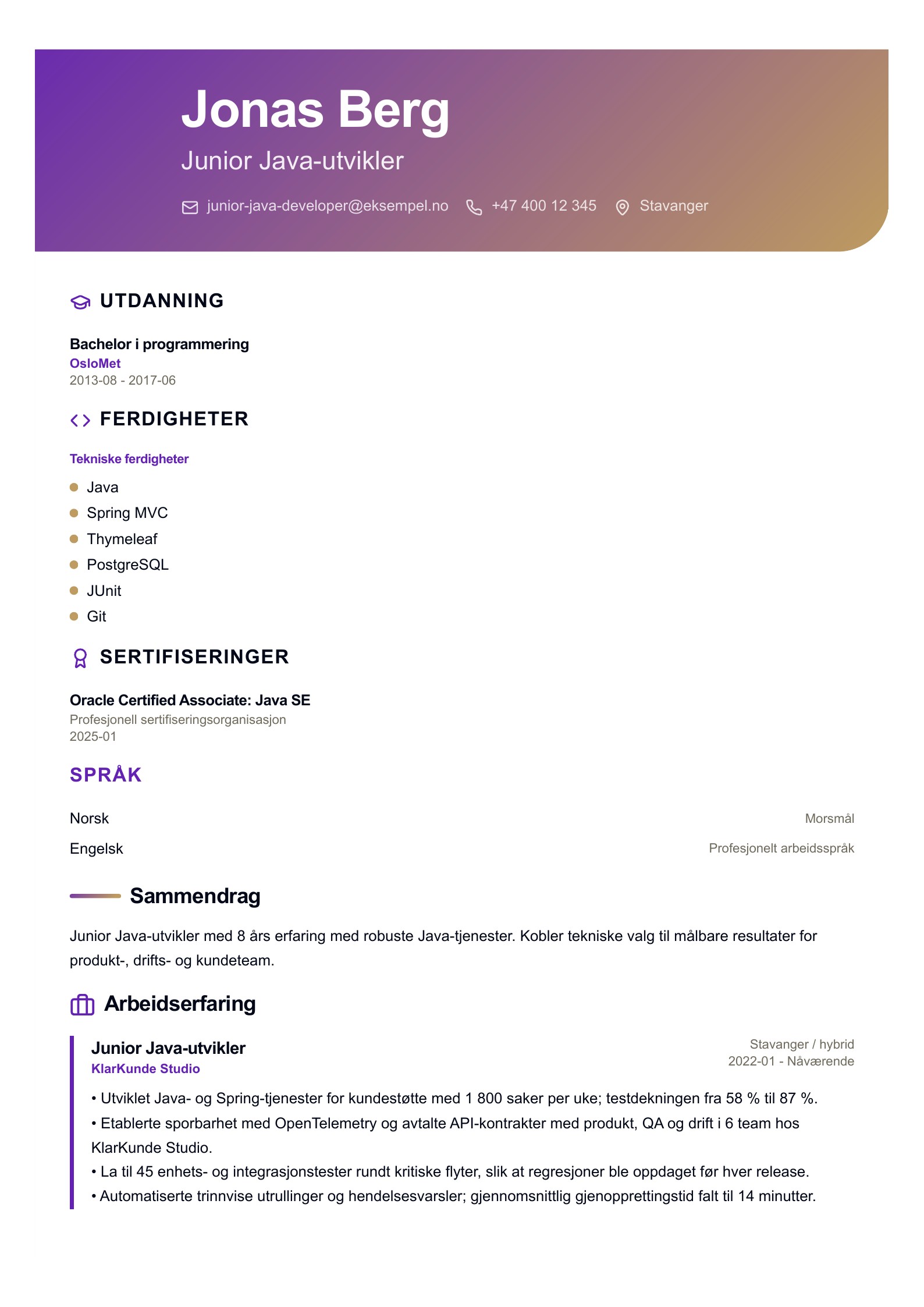 Junior Java-utvikler CV-eksempel forhåndsvisning