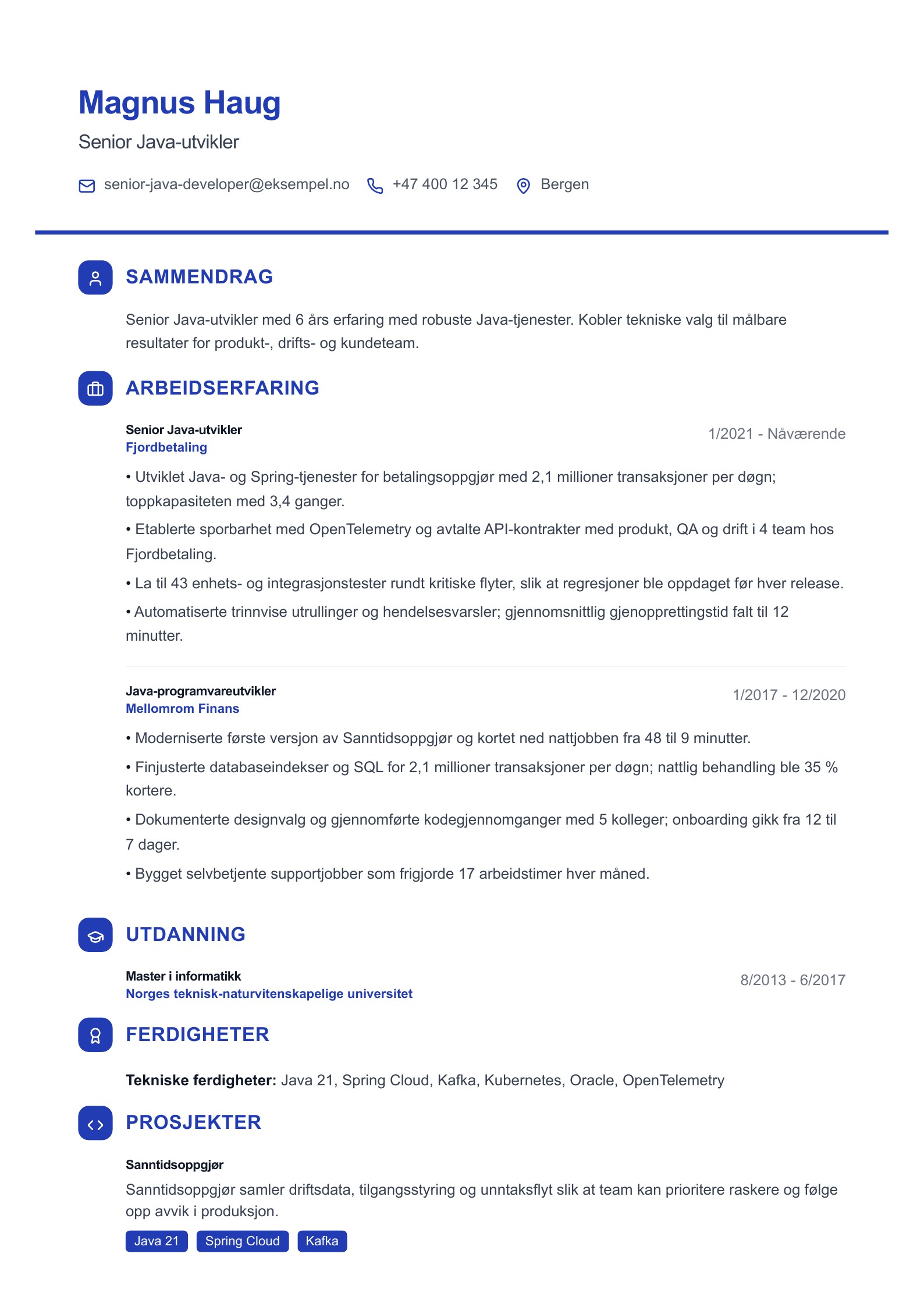 Senior Java-utvikler CV-eksempel forhåndsvisning