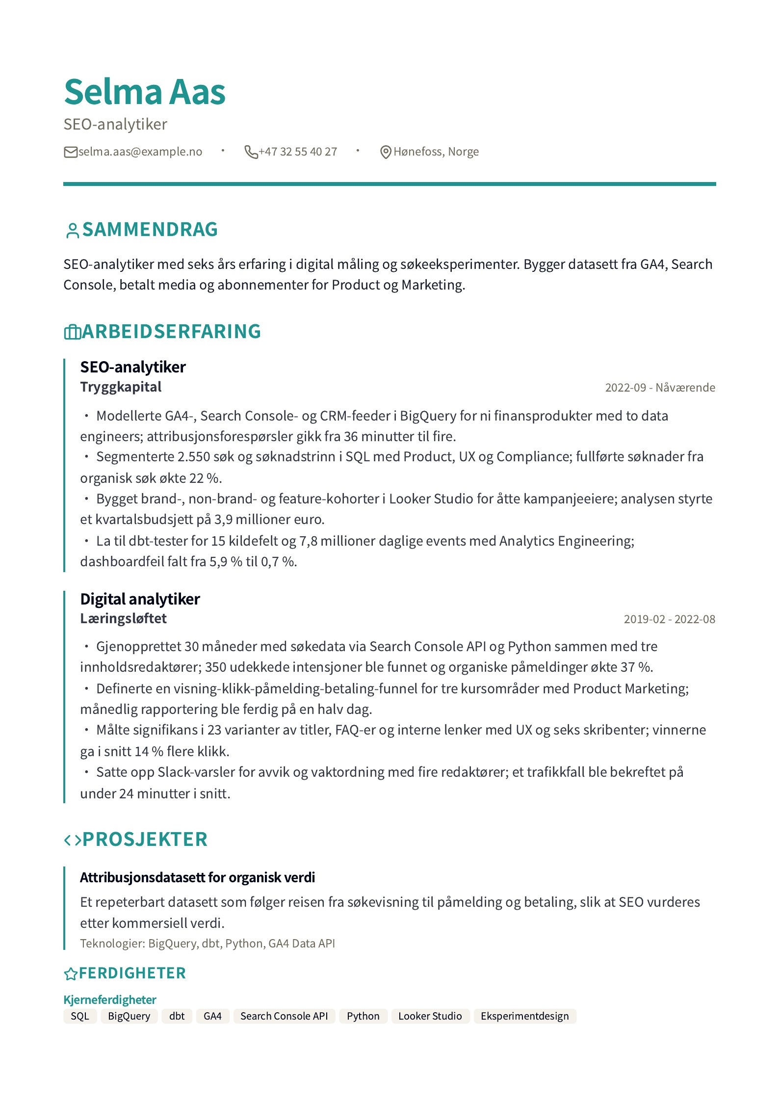 Forhåndsvisning av SEO-CV-eksempler med gratis PDF-maler