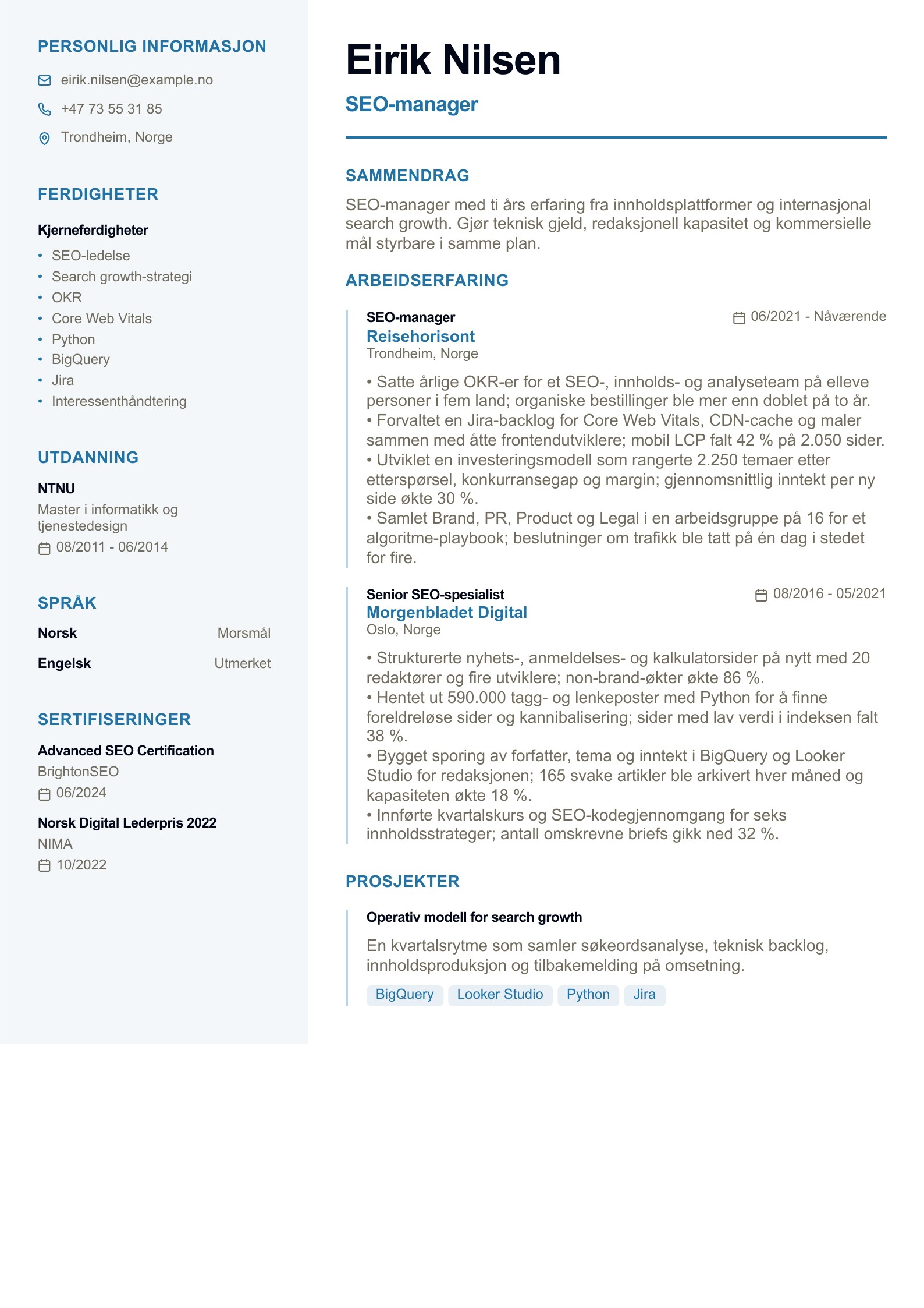 SEO-manager CV - norsk CV-eksempel