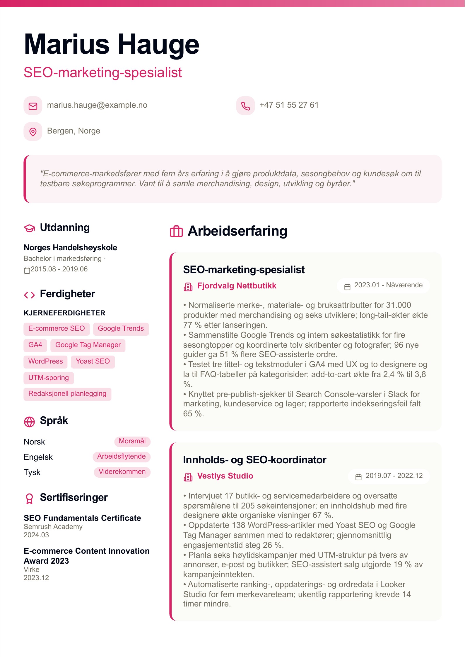 SEO-marketing-spesialist CV - norsk CV-eksempel
