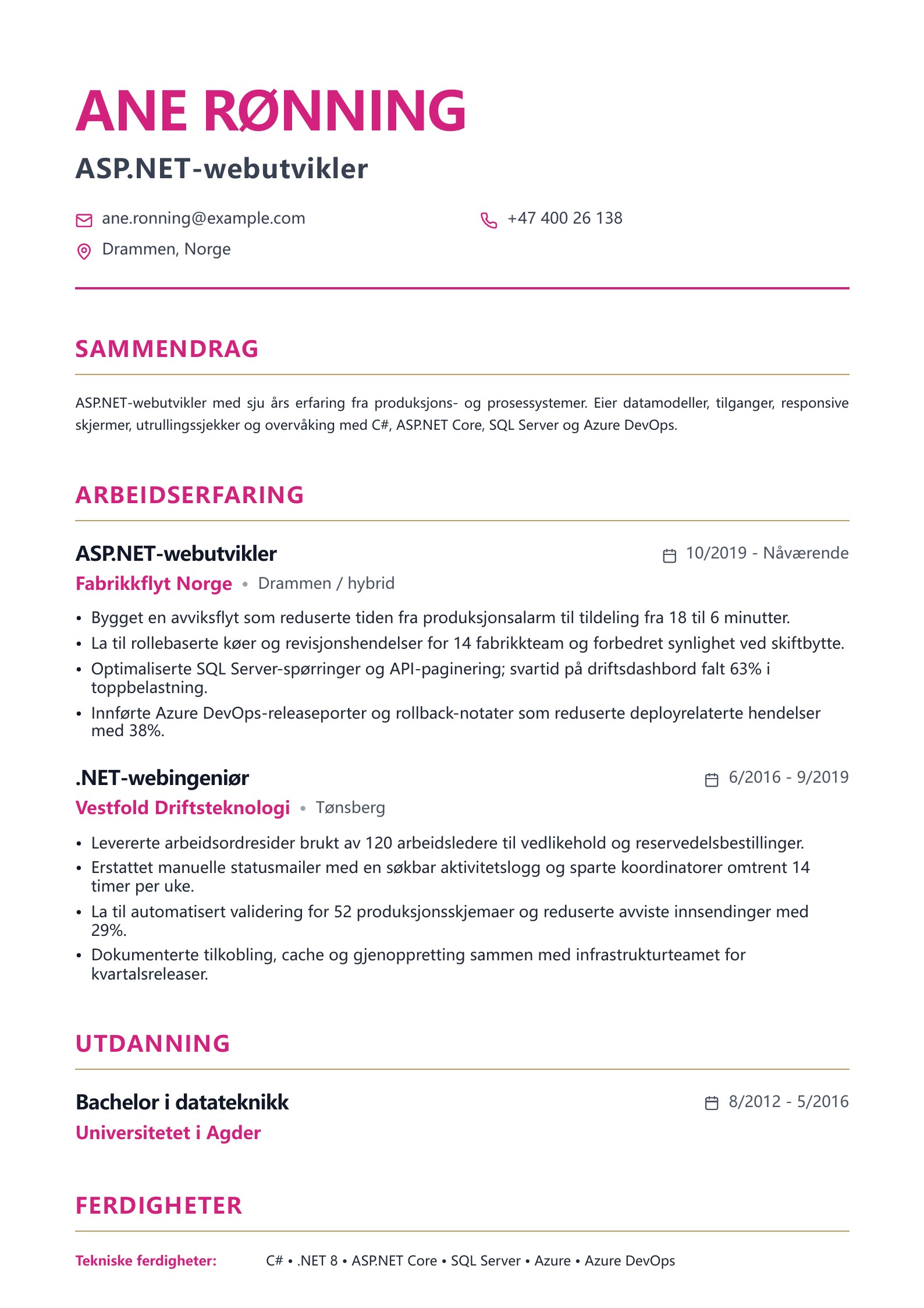 Forhåndsvisning av Web Developer CV-eksempler med gratis PDF-nedlasting