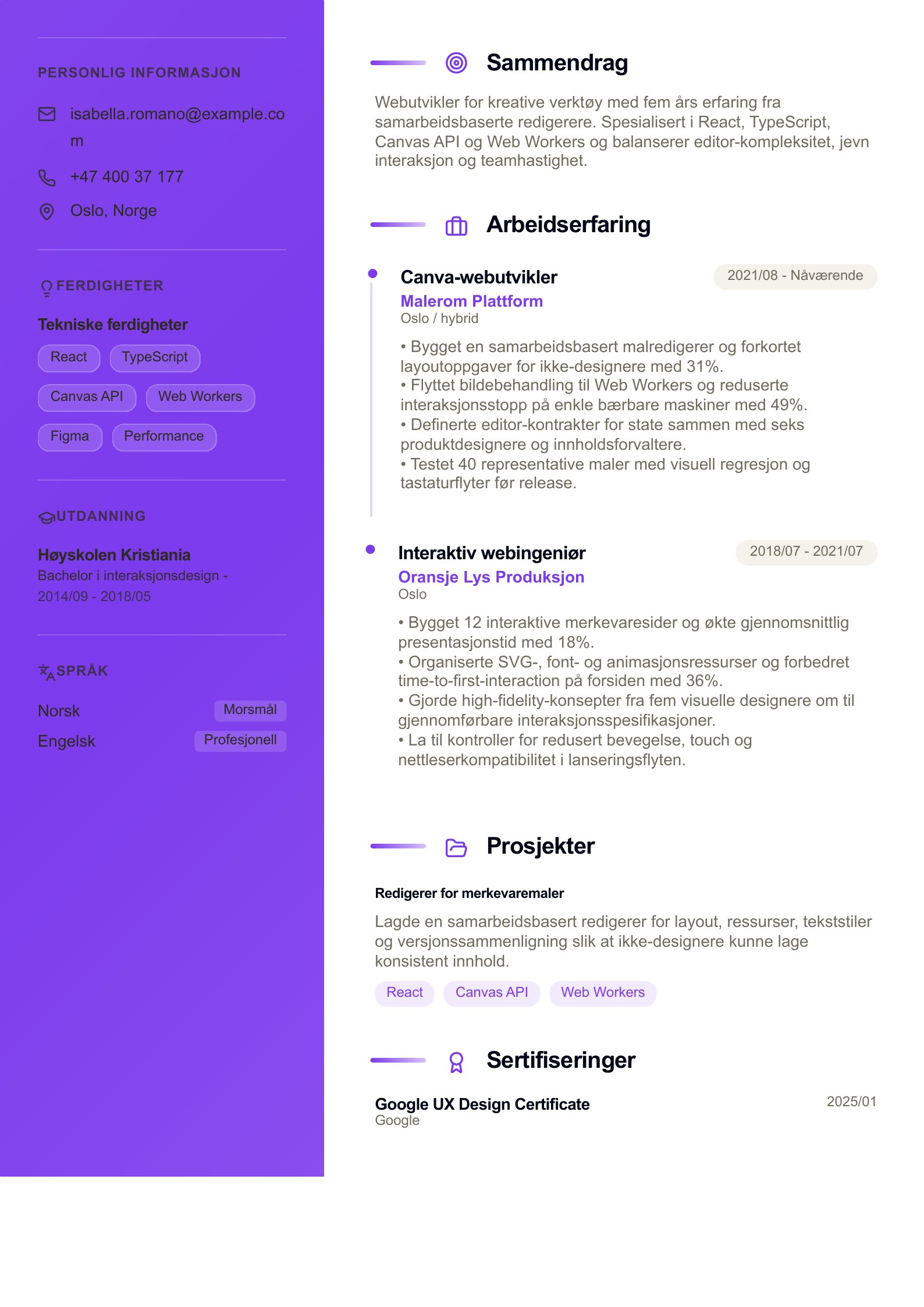 CV for Canva-webutvikler - norsk CV-eksempel