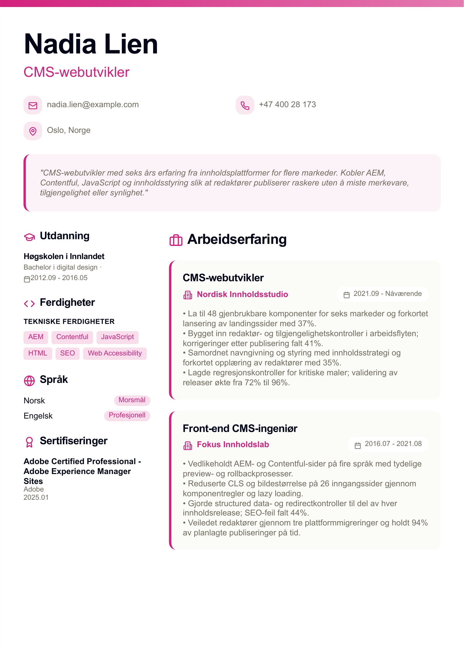 CV for CMS-webutvikler - norsk CV-eksempel