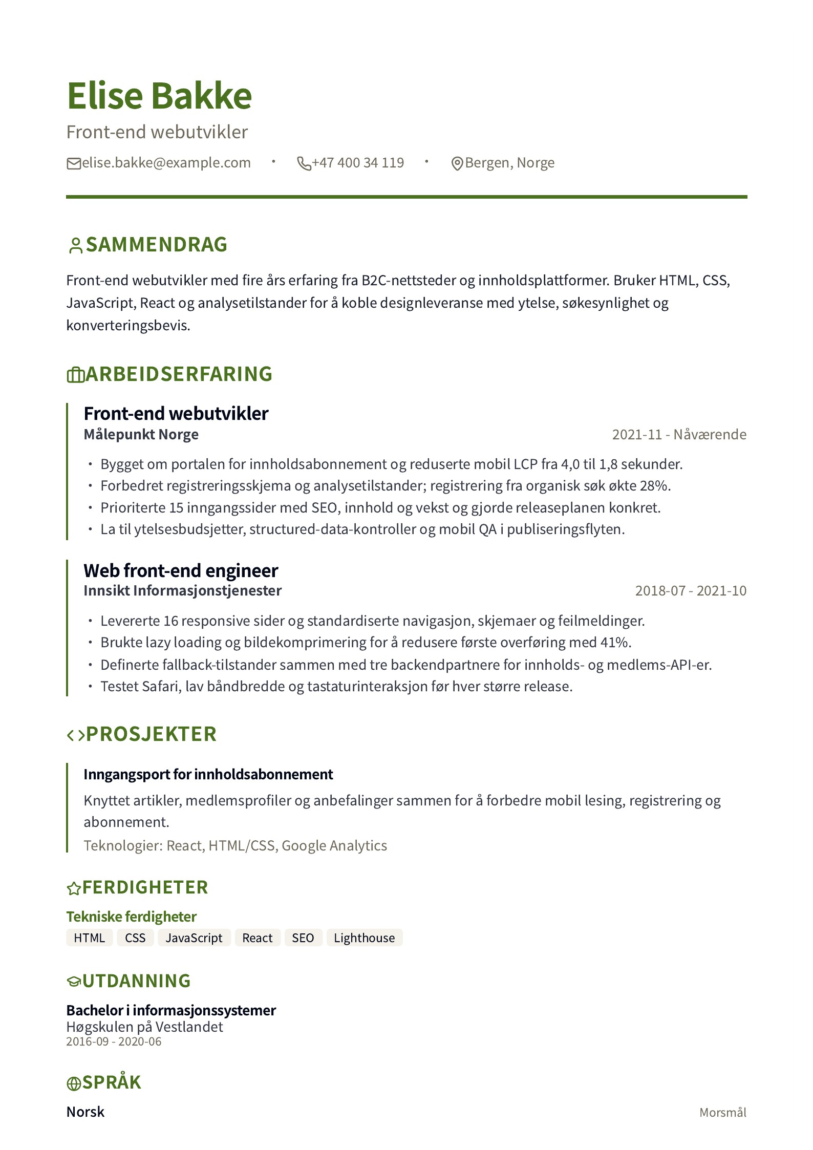 CV for front-end webutvikler - norsk CV-eksempel