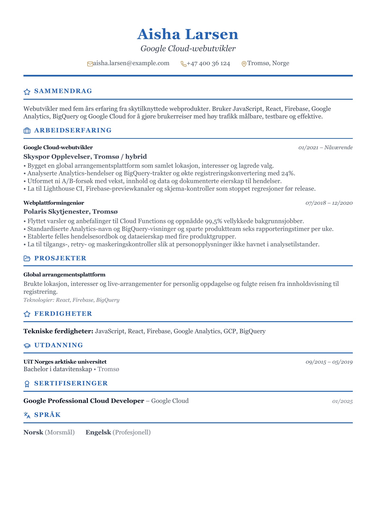 CV for Google Cloud-webutvikler - norsk CV-eksempel
