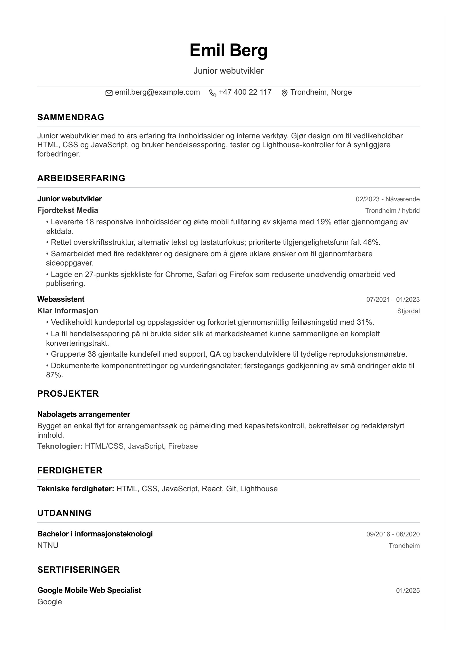 CV for junior webutvikler - norsk CV-eksempel