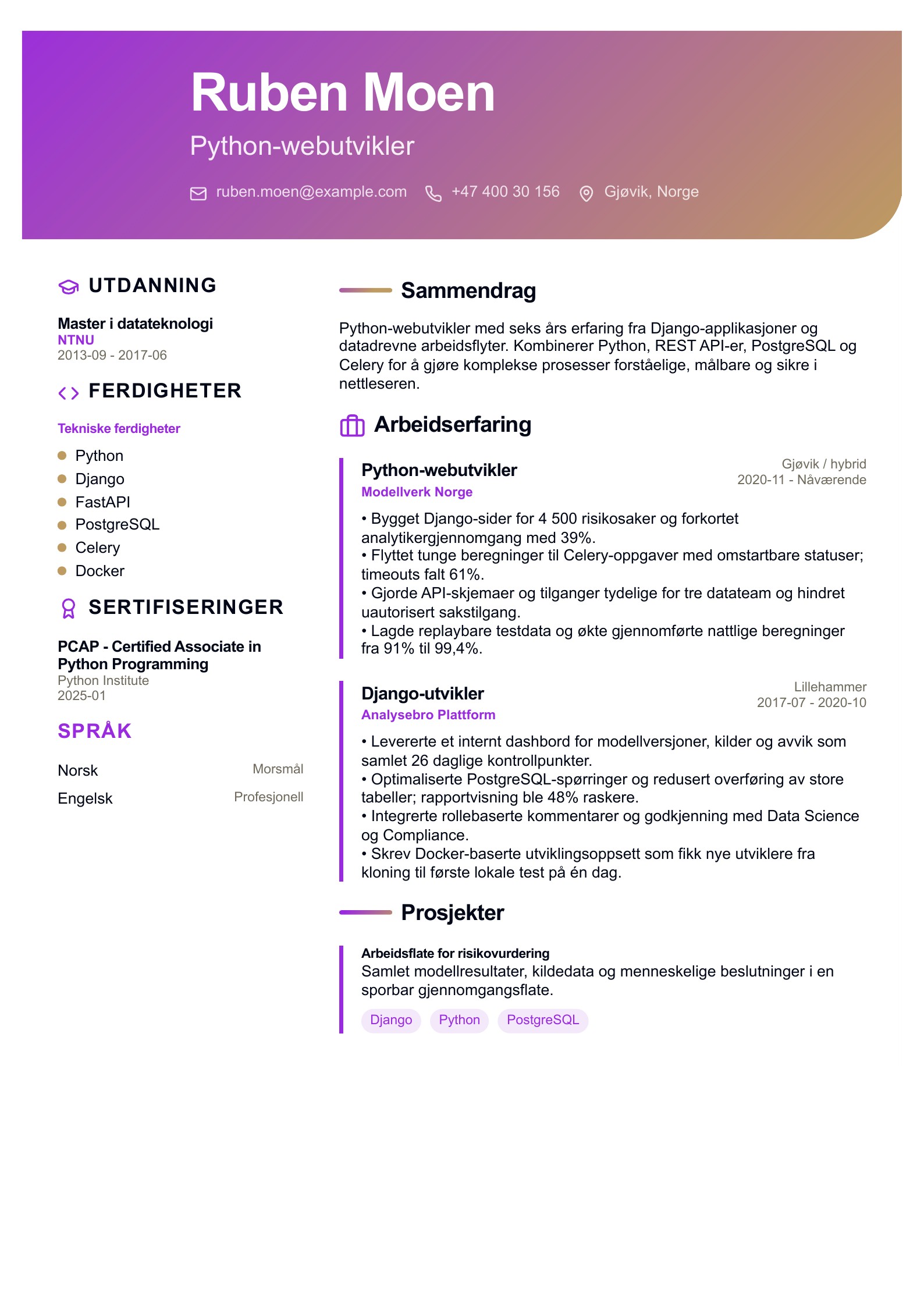CV for Python-webutvikler - norsk CV-eksempel