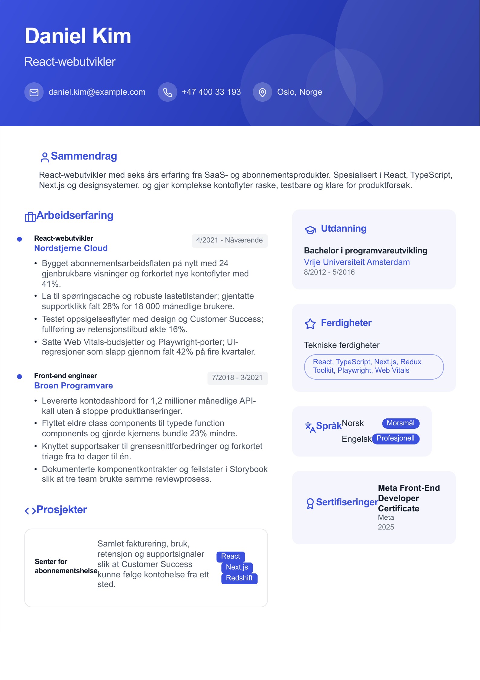CV for React-webutvikler - norsk CV-eksempel