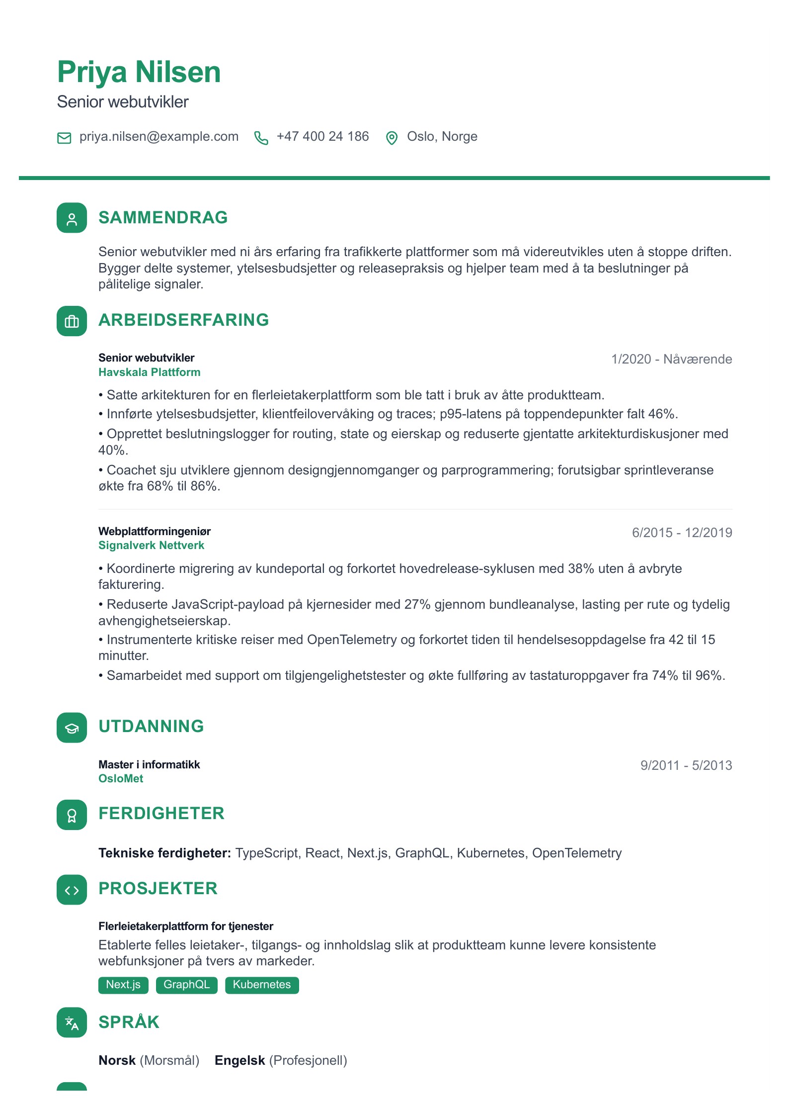 CV for senior webutvikler - norsk CV-eksempel