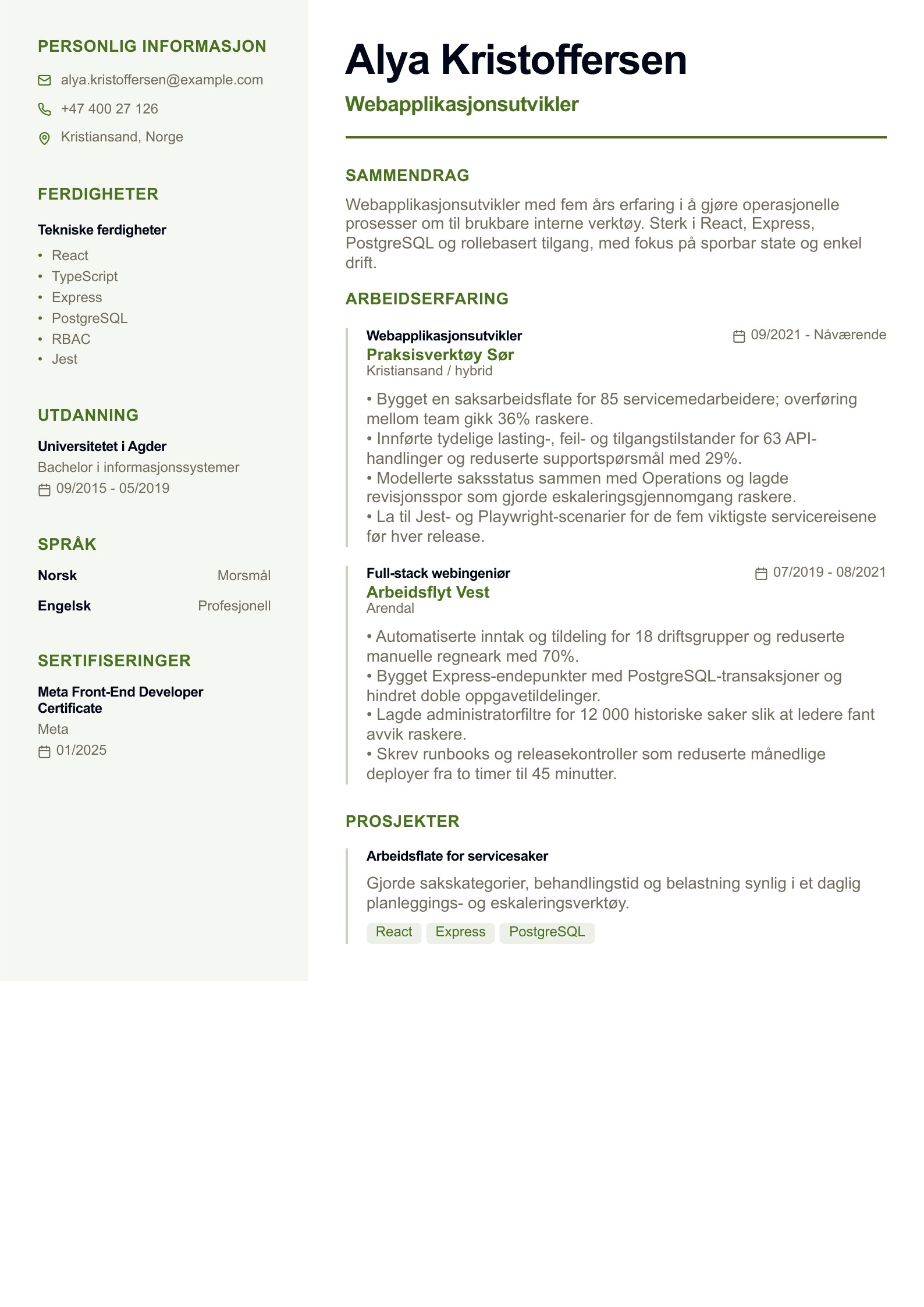 CV for webapplikasjonsutvikler - norsk CV-eksempel