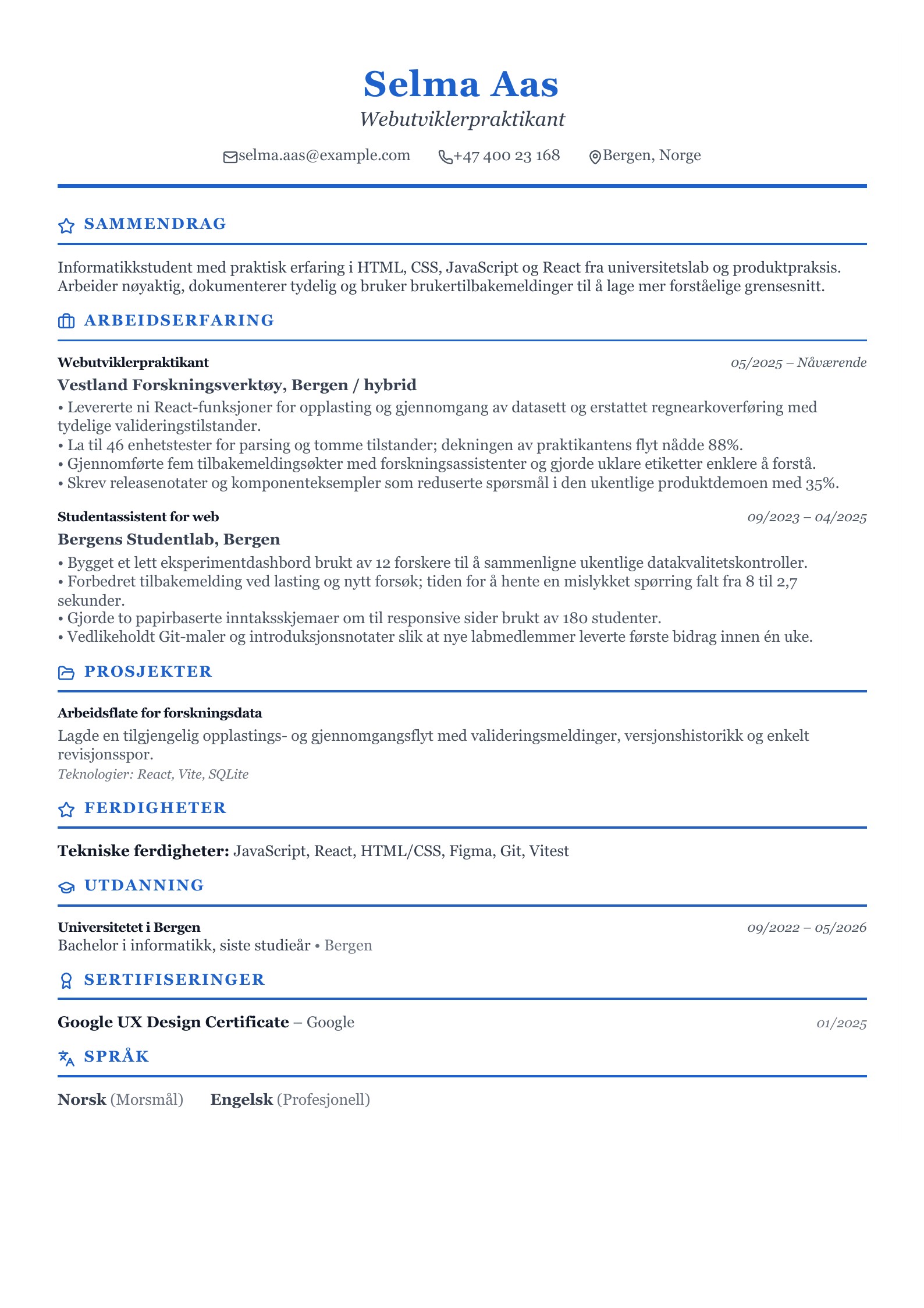 CV for webutviklerpraktikant - norsk CV-eksempel