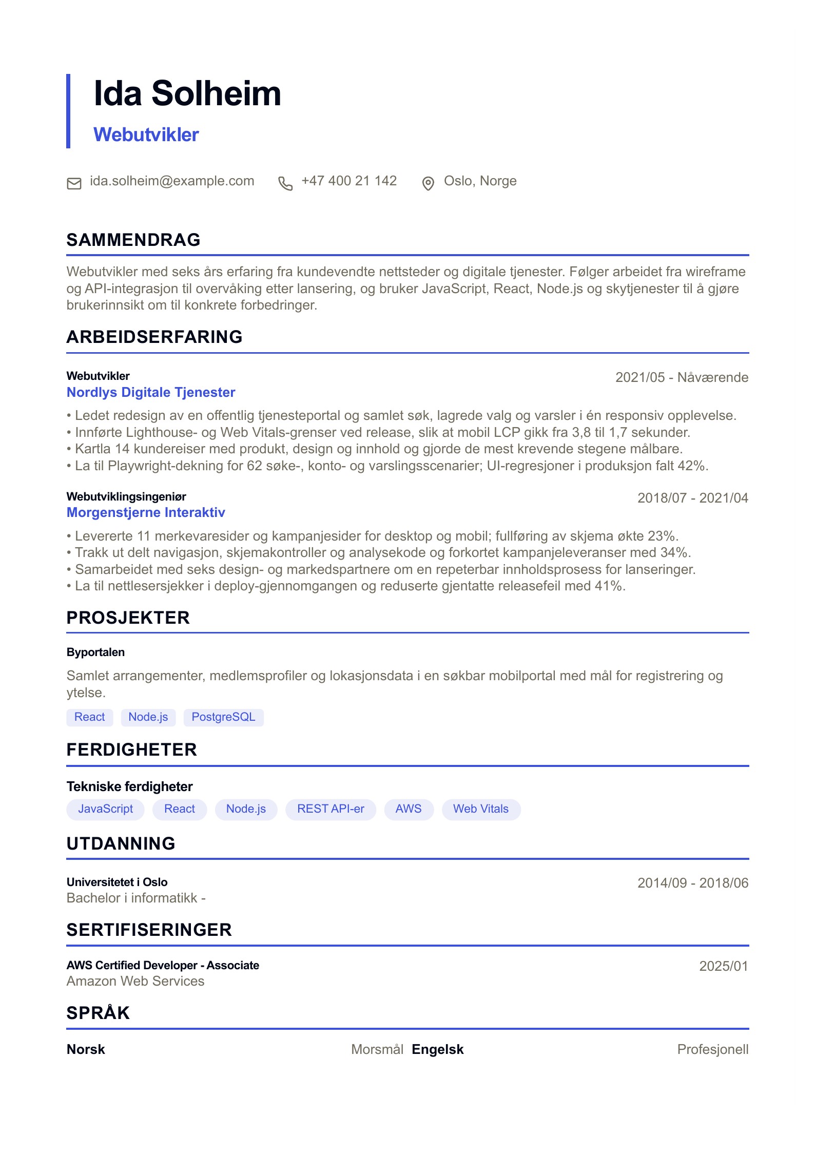 CV for webutvikler - norsk CV-eksempel