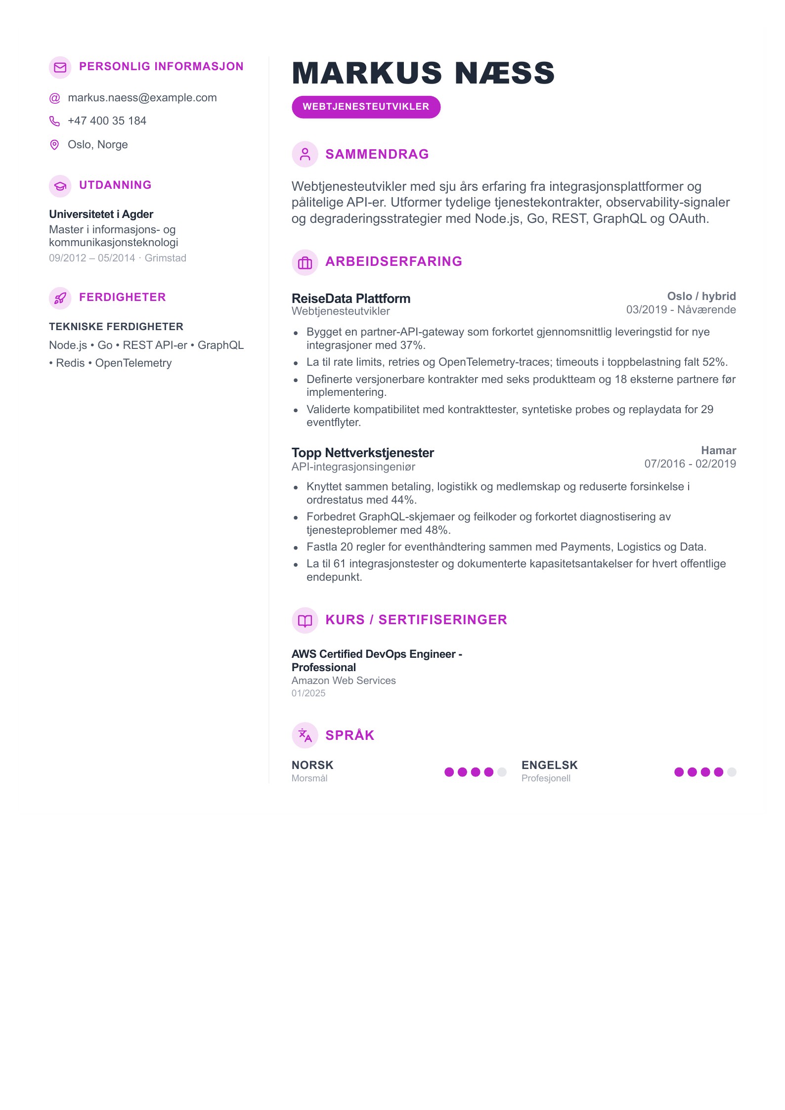 CV for webtjenesteutvikler - norsk CV-eksempel